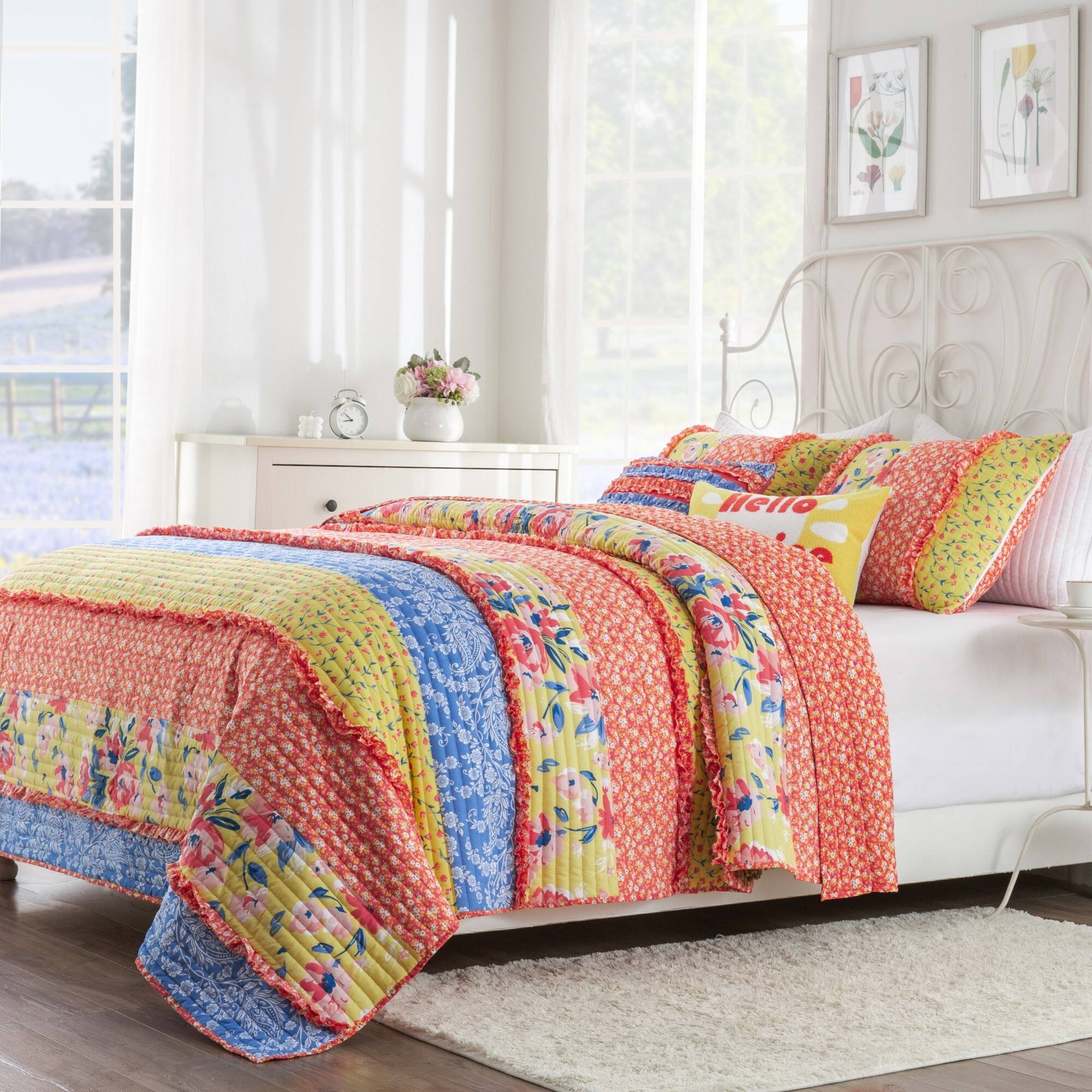 Alt View 3. Greenland Home Fashions - Greenland Home Skylar Ruffle-Embellished Quilt and Pillow Sham Set - 3-Piece - Full/Queen 90x90", Calico - Calico.