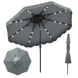 Costway - 10 FT Solar LED Patio Umbrella, Push-Button Tilt & Crank, 24 LED Lights & 8 Ribs - Gray