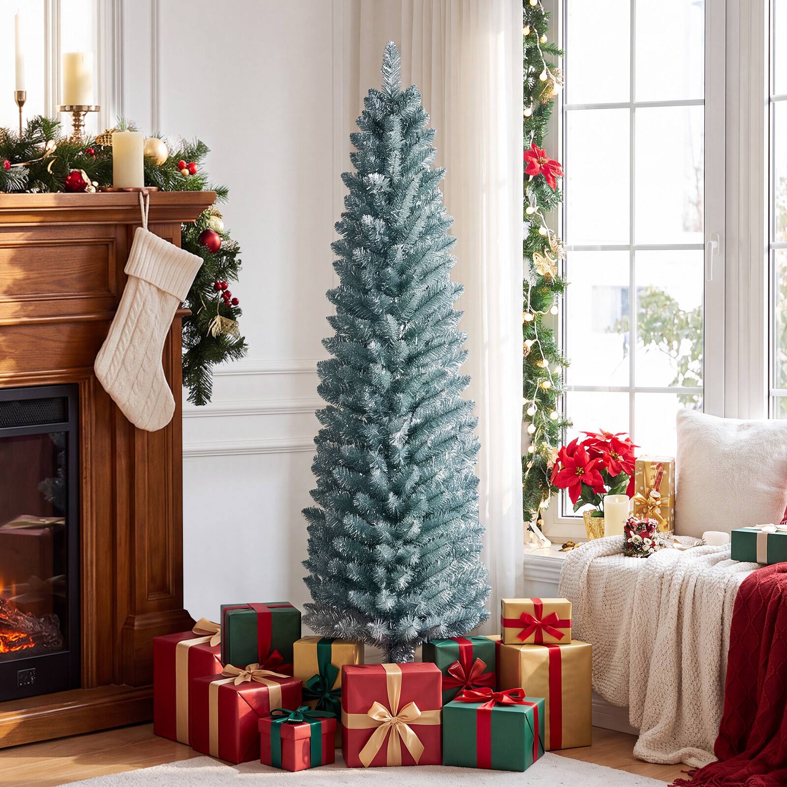 Alt View 3. Costway - Costway 5 FT Artificial Pencil Christmas Tree with 210 Lush Branch Tips Folding Metal Stand - Gray Green.