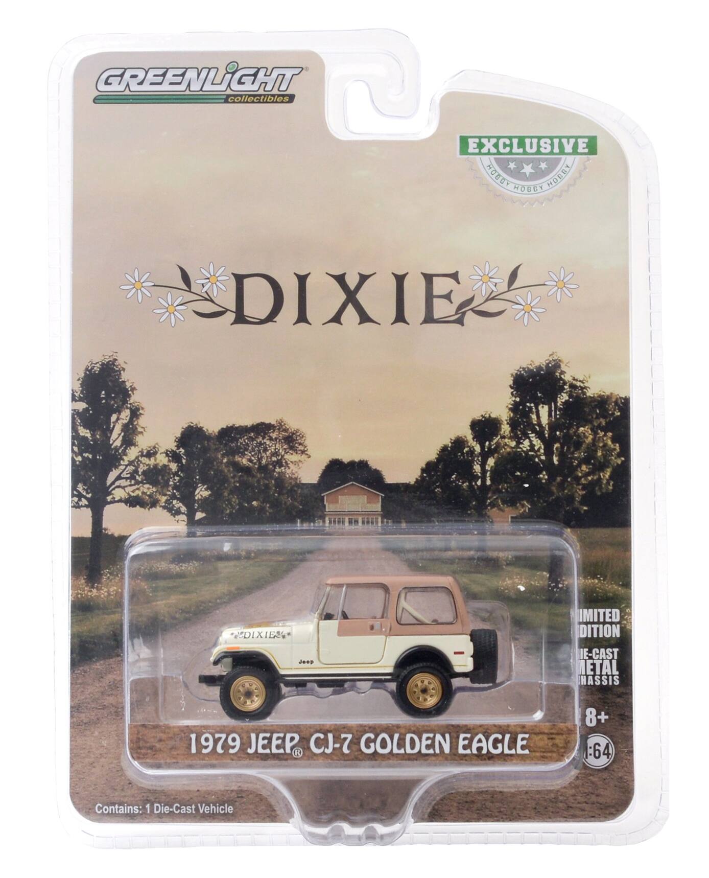 GREENLIGHT collectibles

EXCLUSIVE
ROODY HODDY HOODIES

DIXIE

1979 JEEP CJ-7 GOLDEN EAGLE

LIMITED EDITION
DIE-CAST METAL HASSIS

8+
1:64

Contains: 1 Die-Cast Vehicle