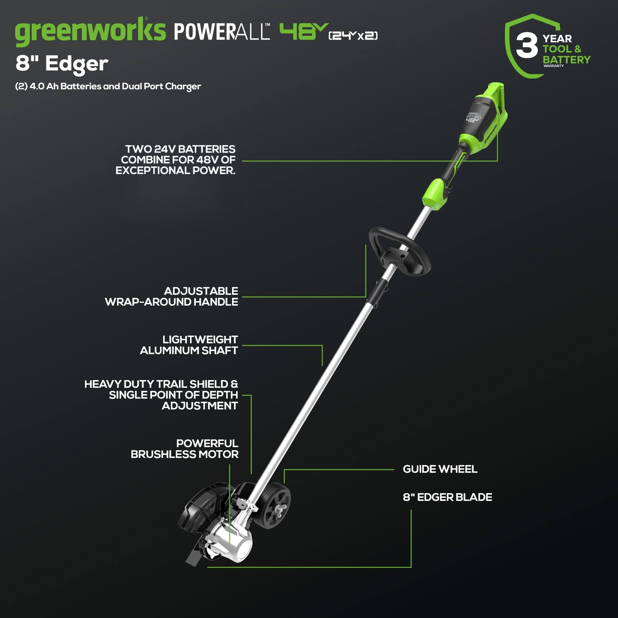 greenworks POWERALL 48V (24x2) 8" Edger (2) 4.0 Ah Batteries and Dual Port Charger YEAR 3 TOOL & BATTERY - TWO 24V BATTERIES COMBINE FOR 48V OF EXCEPTIONAL POWER. ADJUSTABLE WRAP-AROUND HANDLE LIGHTWEIGHT ALUMINUM SHAFT HEAVY DUTY TRAIL SHIELD & SINGLE POINT OF DEPTH ADJUSTMENT POWERFUL BRUSHLESS MOTOR GUIDE WHEEL 8" EDGER BLADE