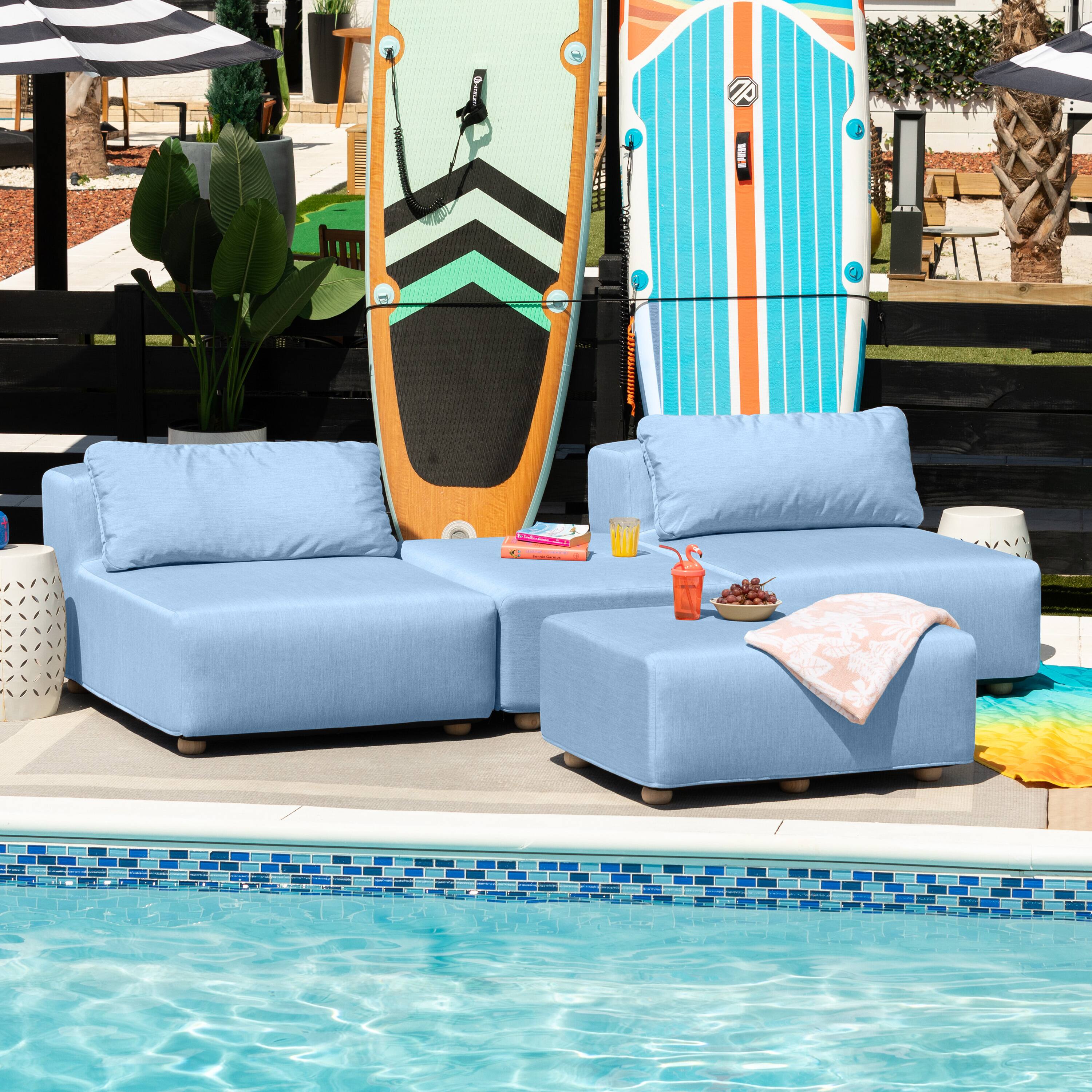Alt View 1. Jaxx - Jaxx Vada Outdoor Sun Lounger Luxury Modular Chaise & Ottoman w/ Sunbrella & Waterproof Cover, Sunbrella Ocean Blue - Ocean Blue.