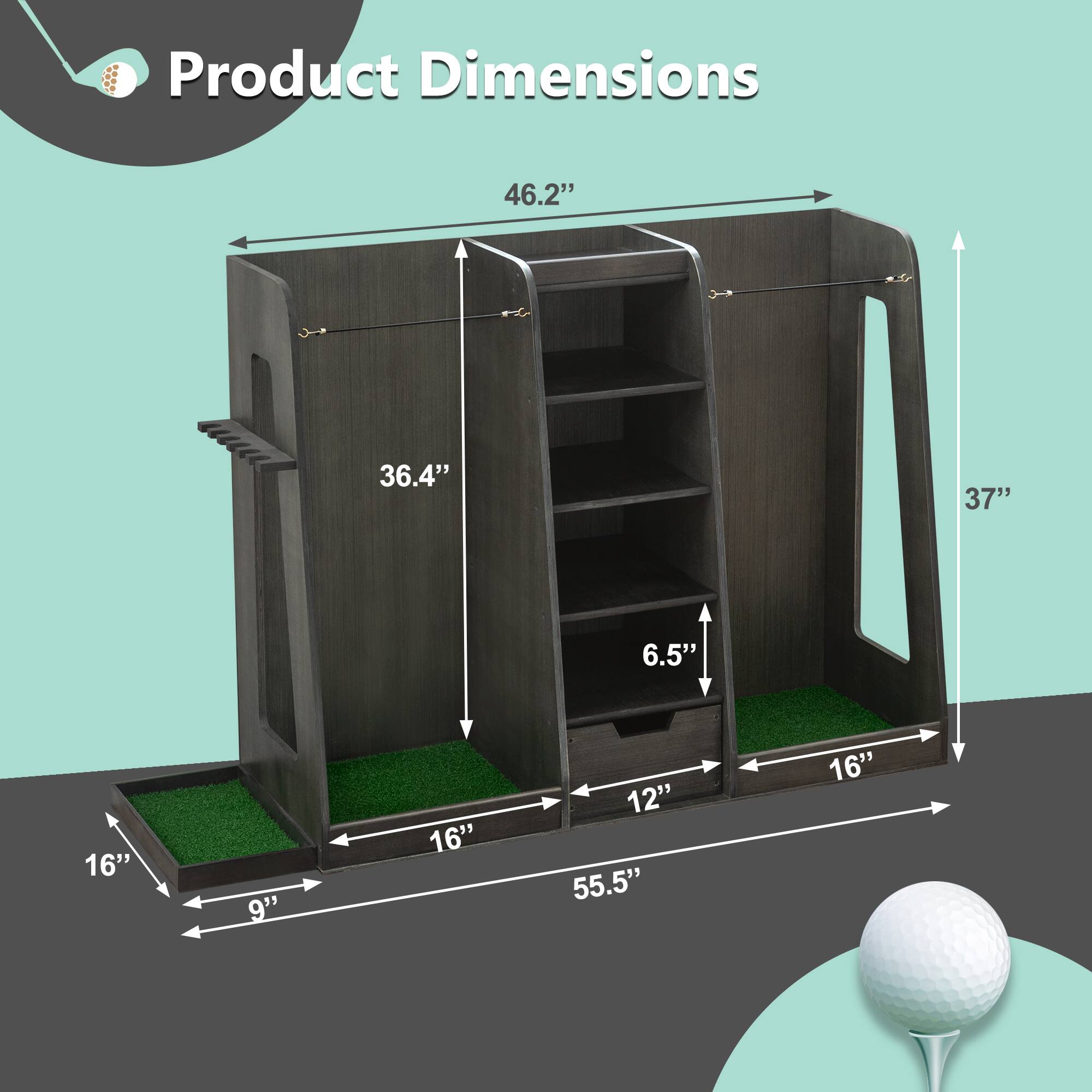 Product Dimensions

- Width: 46.2"
- Height: 37"
- Depth: 55.5"
- Shelf 1: 36.4" (height) x 16" (depth)
- Shelf 2: 6.5" (height) x 12" (depth)
- Shelf 3: 16" (depth)
- Base: 16" (width) x 9" (depth)