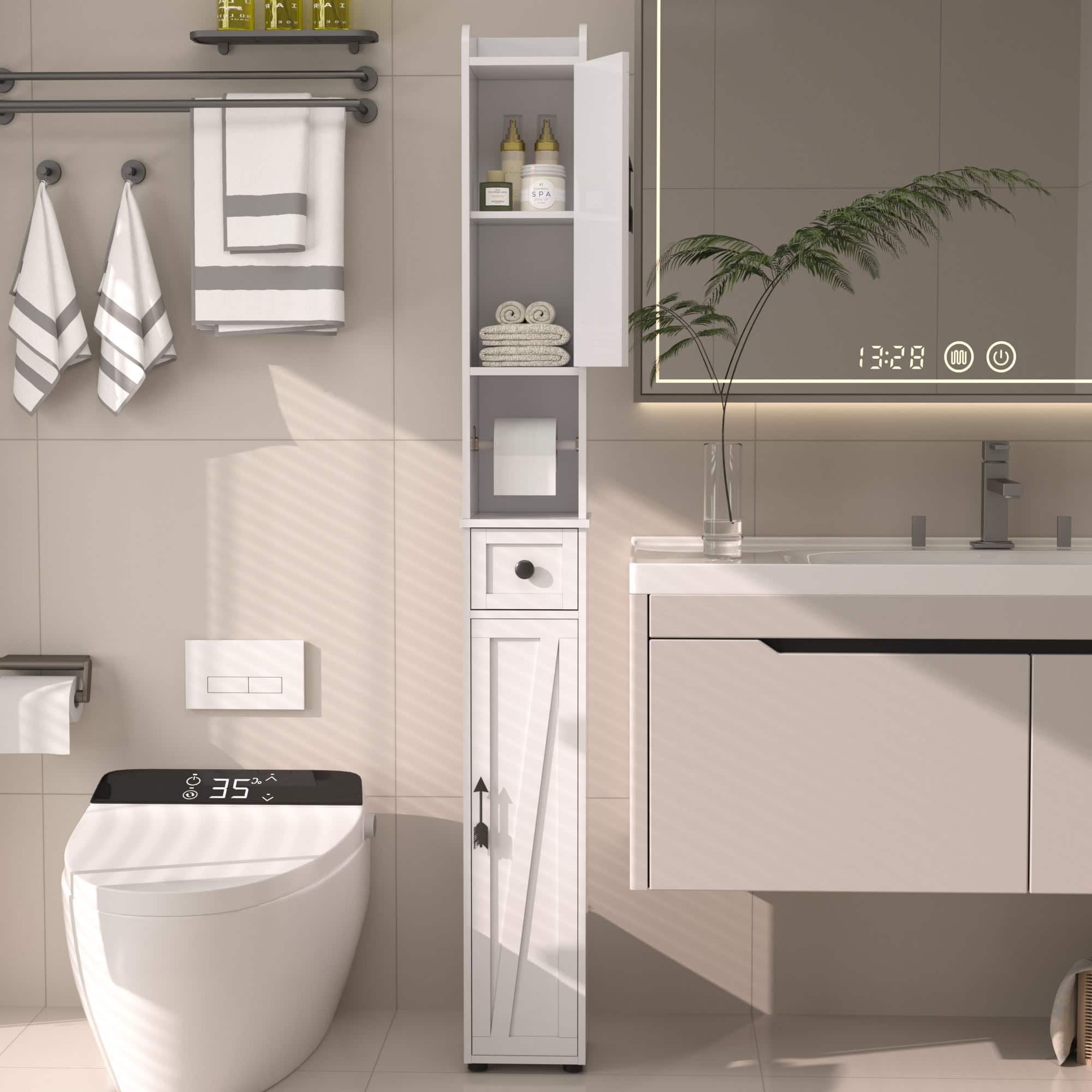 Vecelo - Tall Slim Bathroom Storage Cabinet, Freestanding Waterproof Linen Tower with Adjustable Shelves for Small Spaces - Simple