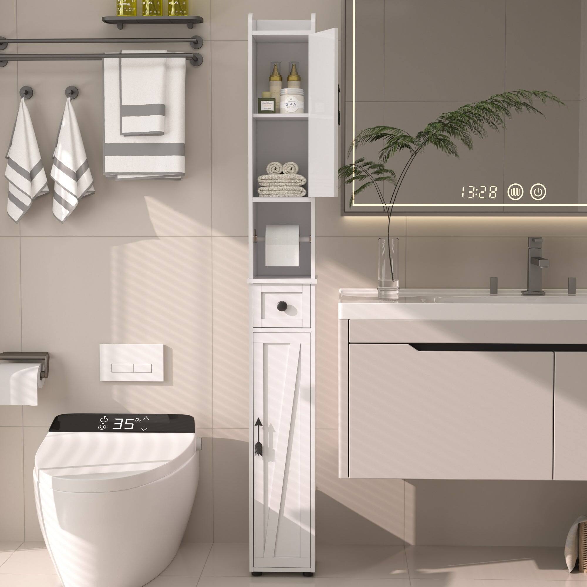 Vecelo - Tall Slim Bathroom Storage Cabinet, Freestanding Waterproof Linen Tower with Adjustable Shelves for Small Spaces - Simple