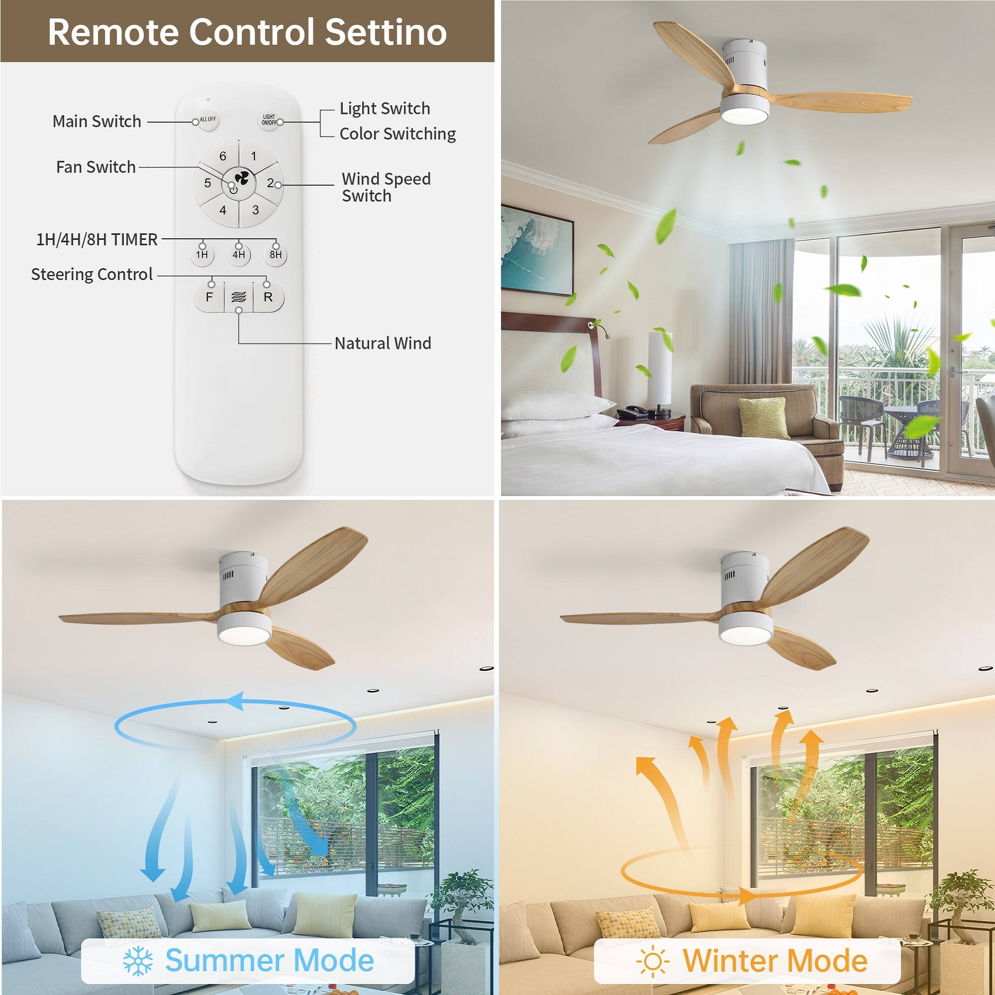 Remote Control Setting

Main Switch  
Fan Switch  
1H/4H/8H TIMER  
Steering Control  
Light Switch  
Color Switching  
Wind Speed Switch  
Natural Wind  
Summer Mode  
Winter Mode