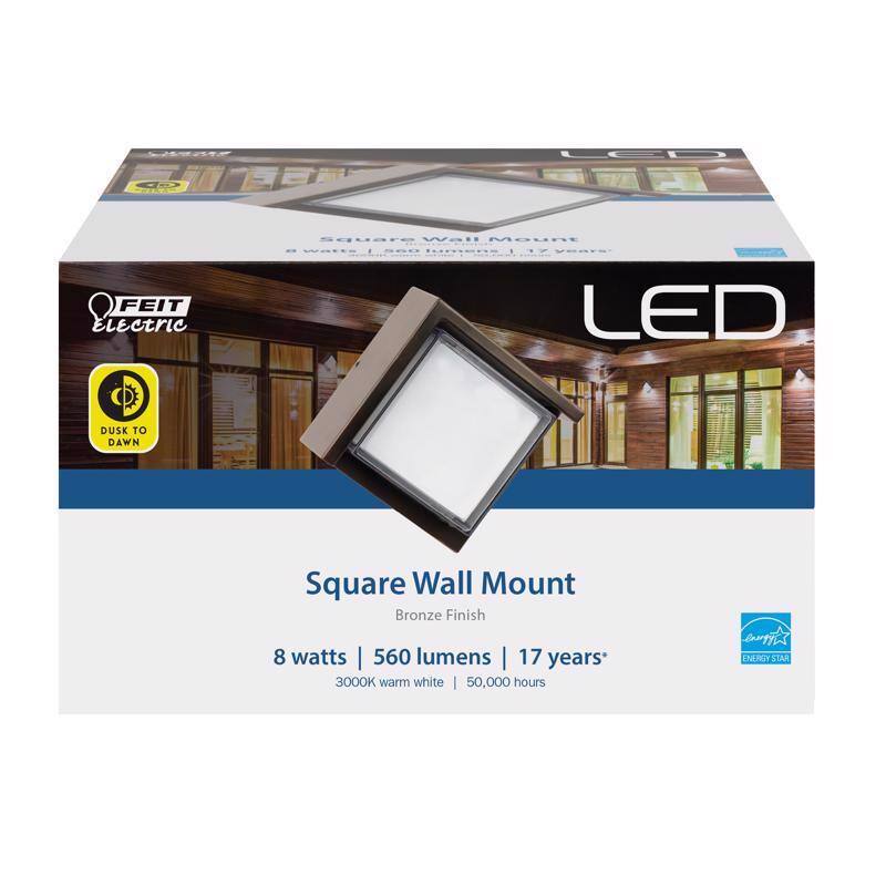 LCD FEIT Electric Square Wall Mount LED Dusk to Dawn  
Bronze Finish  
8 watts | 560 lumens  
3000K warm white  
17 years | 50,000 hours  
ENERGY STAR