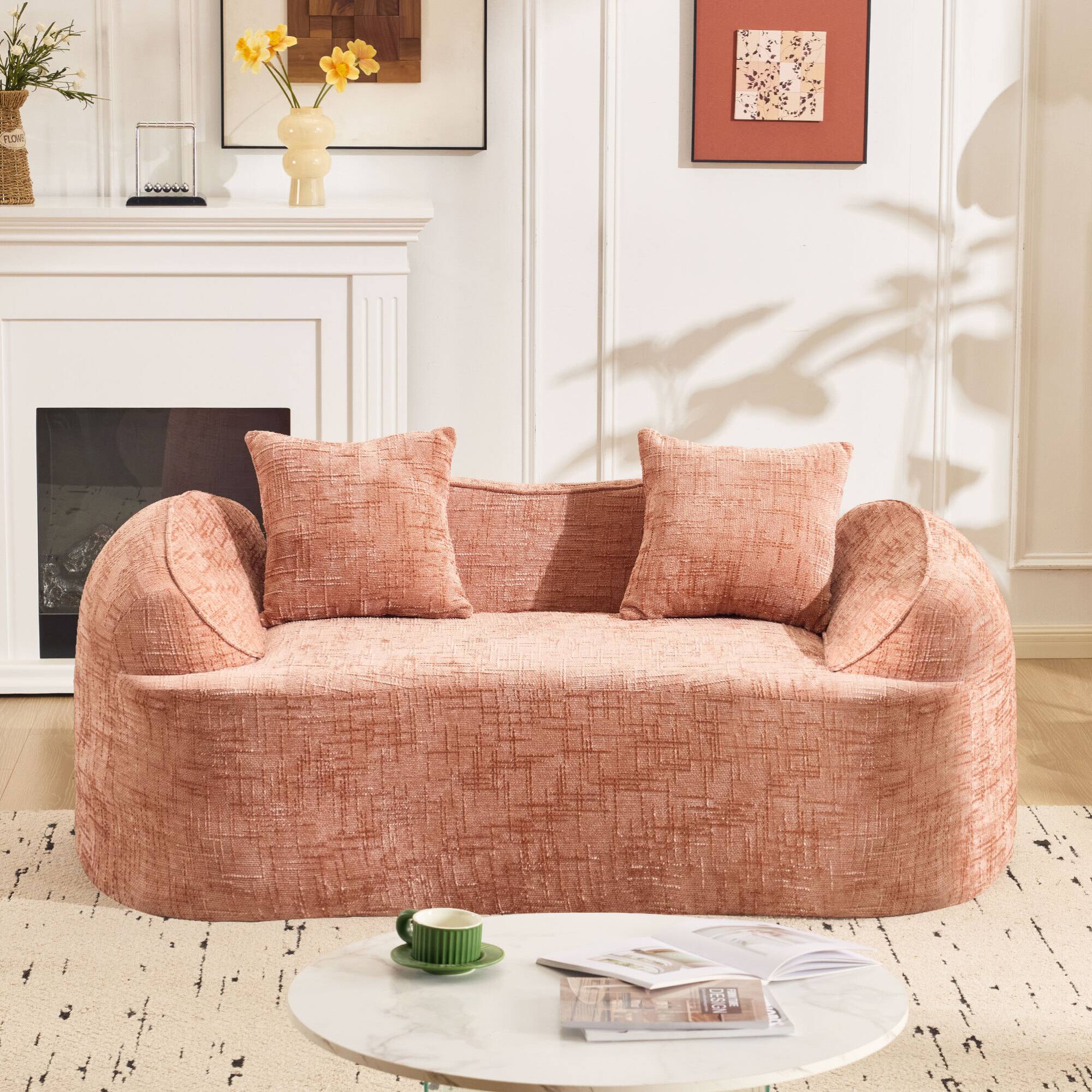 Back. GOODSILO - Curved Two-Person Compression Sofa with Pillows for Small Spaces - Pink.
