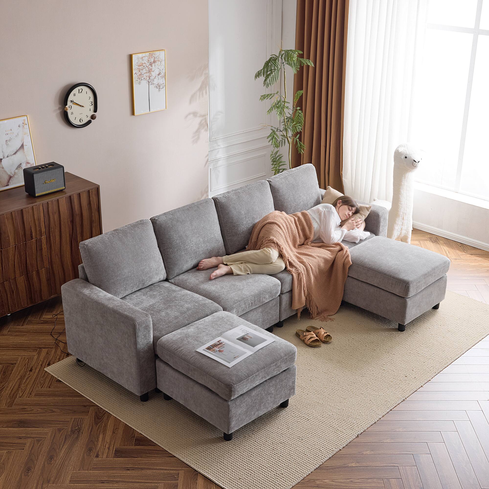 Left. U-HOMY - U-HOMY 6-Piece Modular Sectional Sofa with Storage, Reversible L-Shaped Couch - Light Grey.