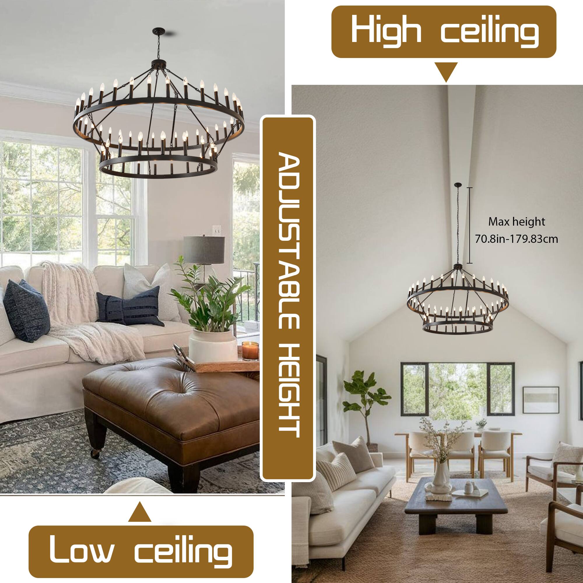 Alt View 3. RYHNUYNE - 60 Inch Black Extra Large Wagon Wheel Chandelier – 2-Tier 54-Light Farmhouse Industrial Pendant Light for High Ceilings - Black.