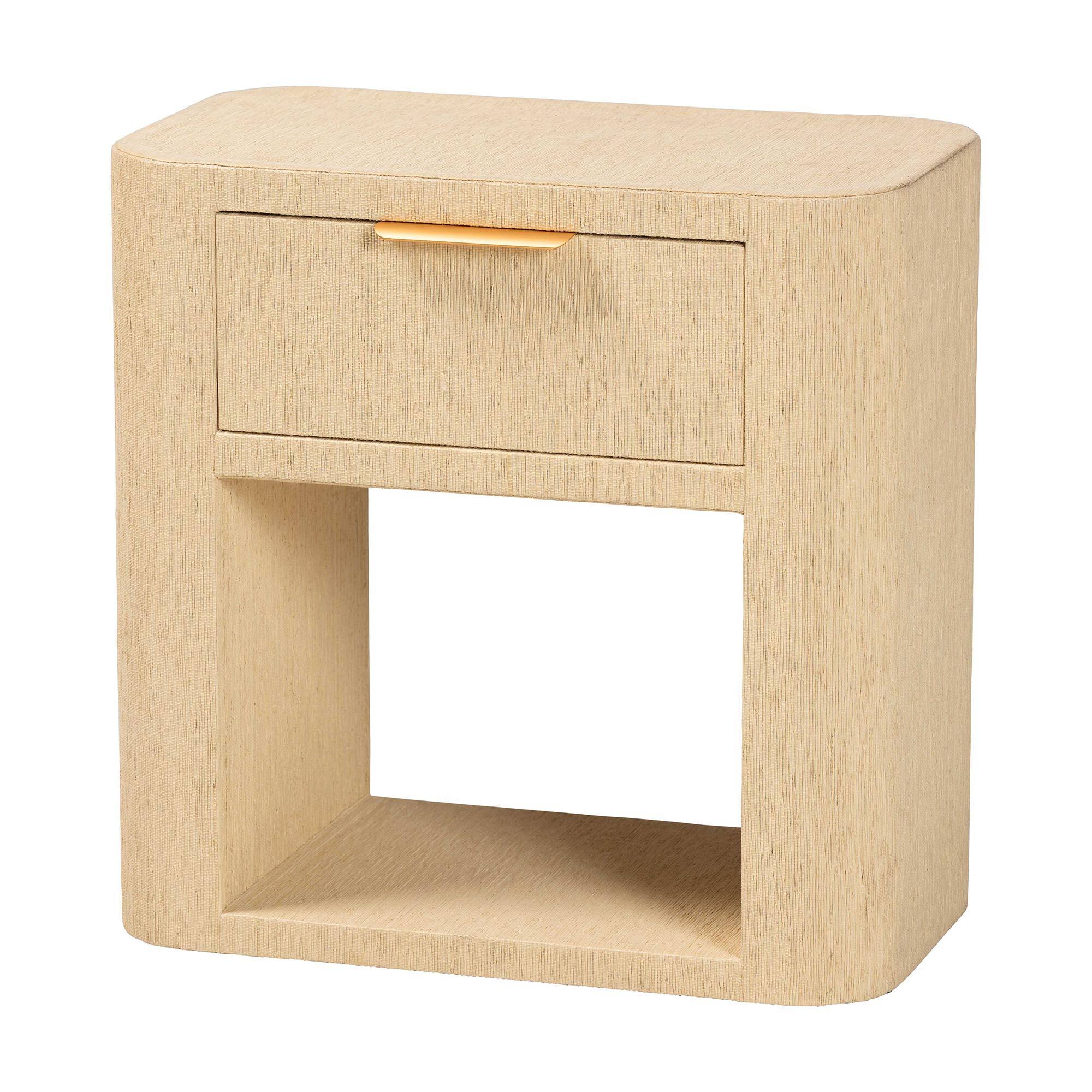 bali & pari - Beauford Grasscloth 1-Drawer Nightstand with Open Shelf - Woven Texture Bedside Table, Accent Table - Light Brown/Gold