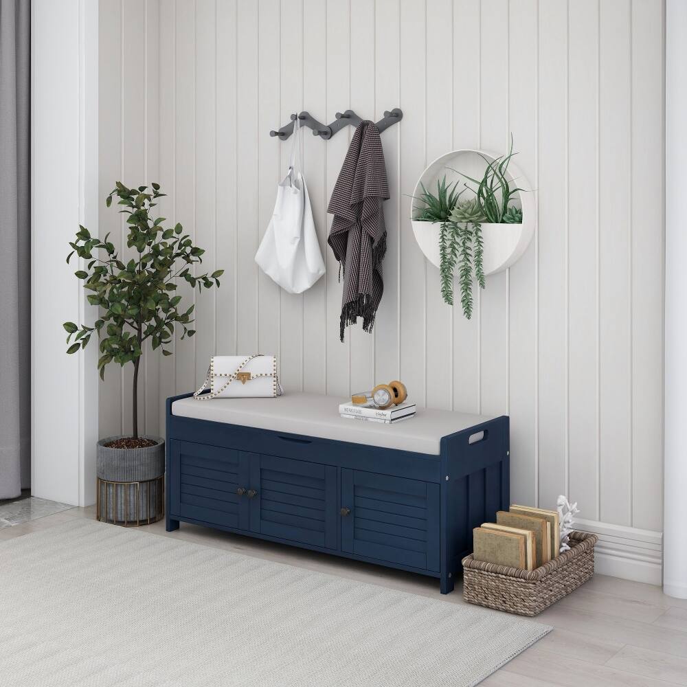 Alt View 9. Ropilly - Ropilly Antique Navy Storage Bench with Cushion and Shutter Doors, Rustic Entryway Shoe Bench - Antique Navy.