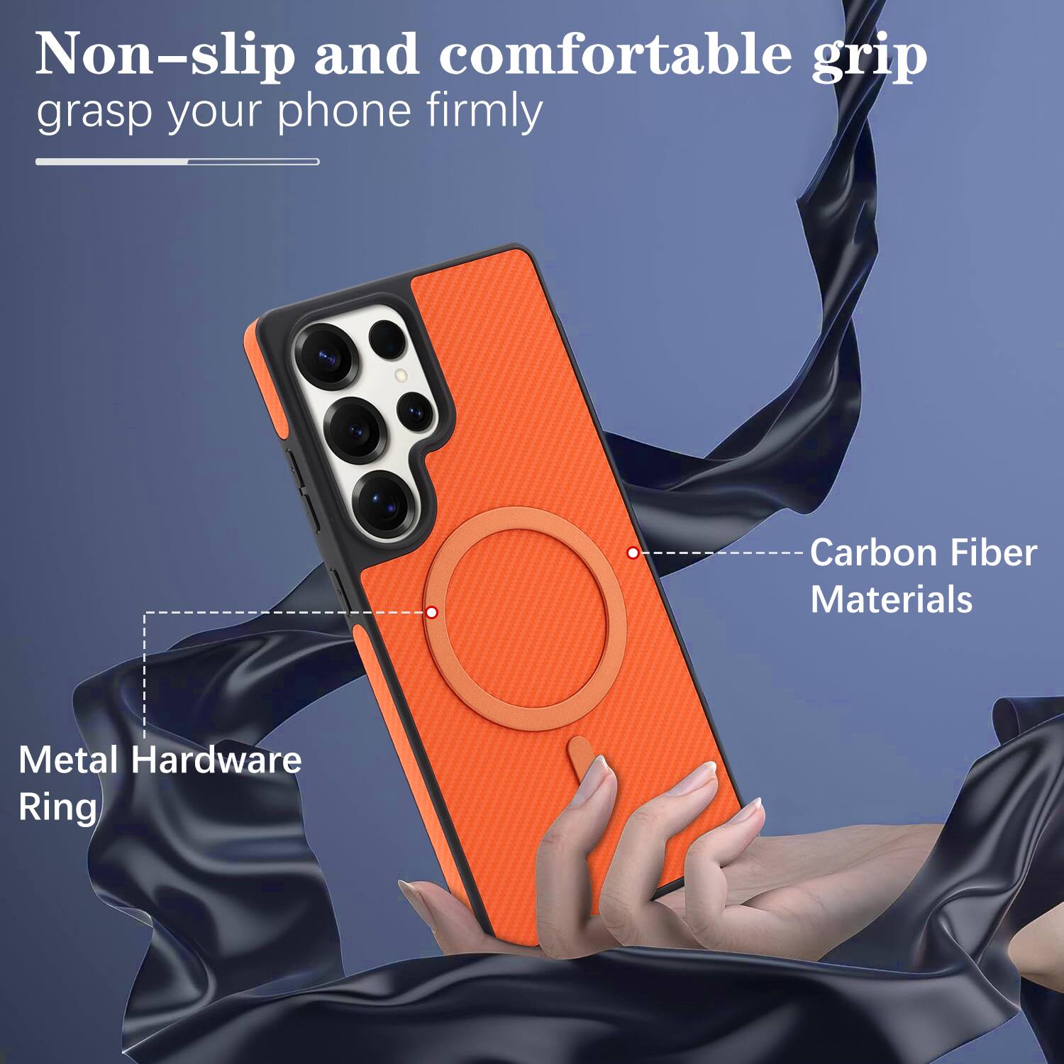 Non-slip and comfortable grip grasp your phone firmly

Carbon Fiber Materials

Metal Hardware Ring
