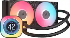 The image shows a computer cooling system, which includes a CPU fan, a fan, and a temperature gauge. The temperature gauge displays a temperature of 42 degrees Celsius.