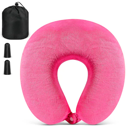 Front. Fosmon - Kids Travel Pillow, Kids Neck Pillows for Travel, Memory Foam Travel Pillow for Kids, Washable Travel Neck Pillow, Pink - Pink.