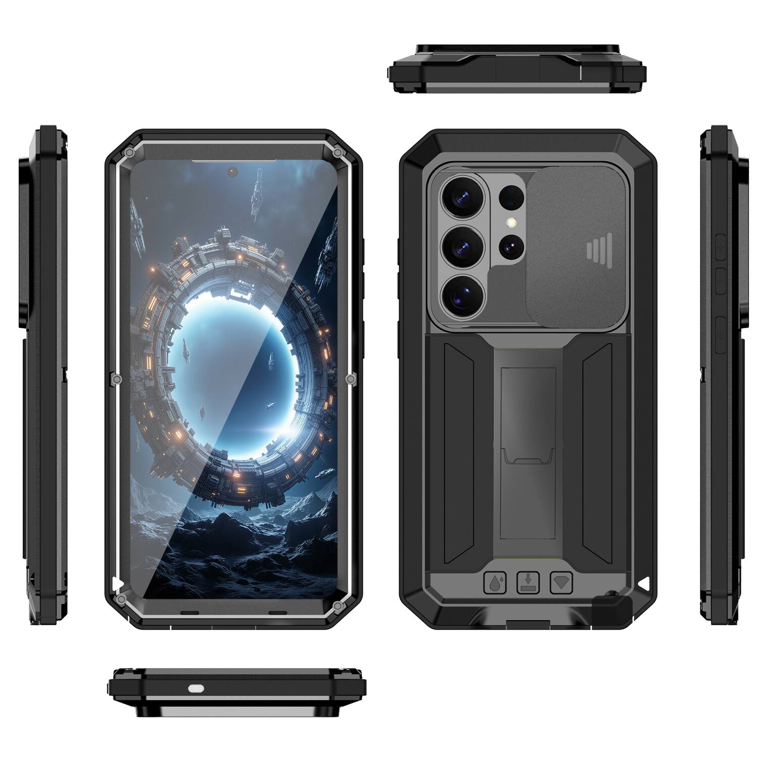 Angle. Dteck - For Samsung Galaxy S26 Ultra Kickstand Shockproof Rugged Full Body Case Built-in Screen Protector+Sliding Lens Cover - Black.