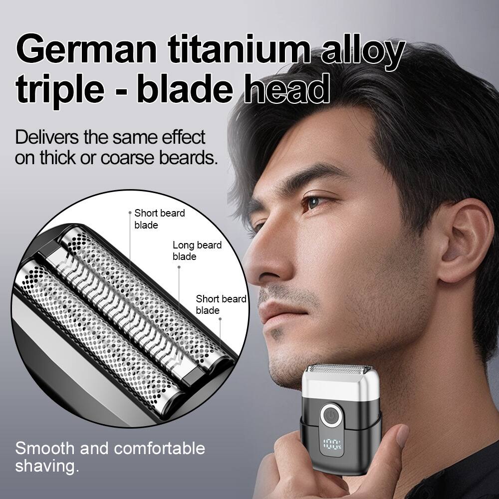 German titanium alloy triple-blade head  
Delivers the same effect on thick or coarse beards.  
Short beard blade  
Long beard blade  
Short beard blade  
Smooth and comfortable shaving.