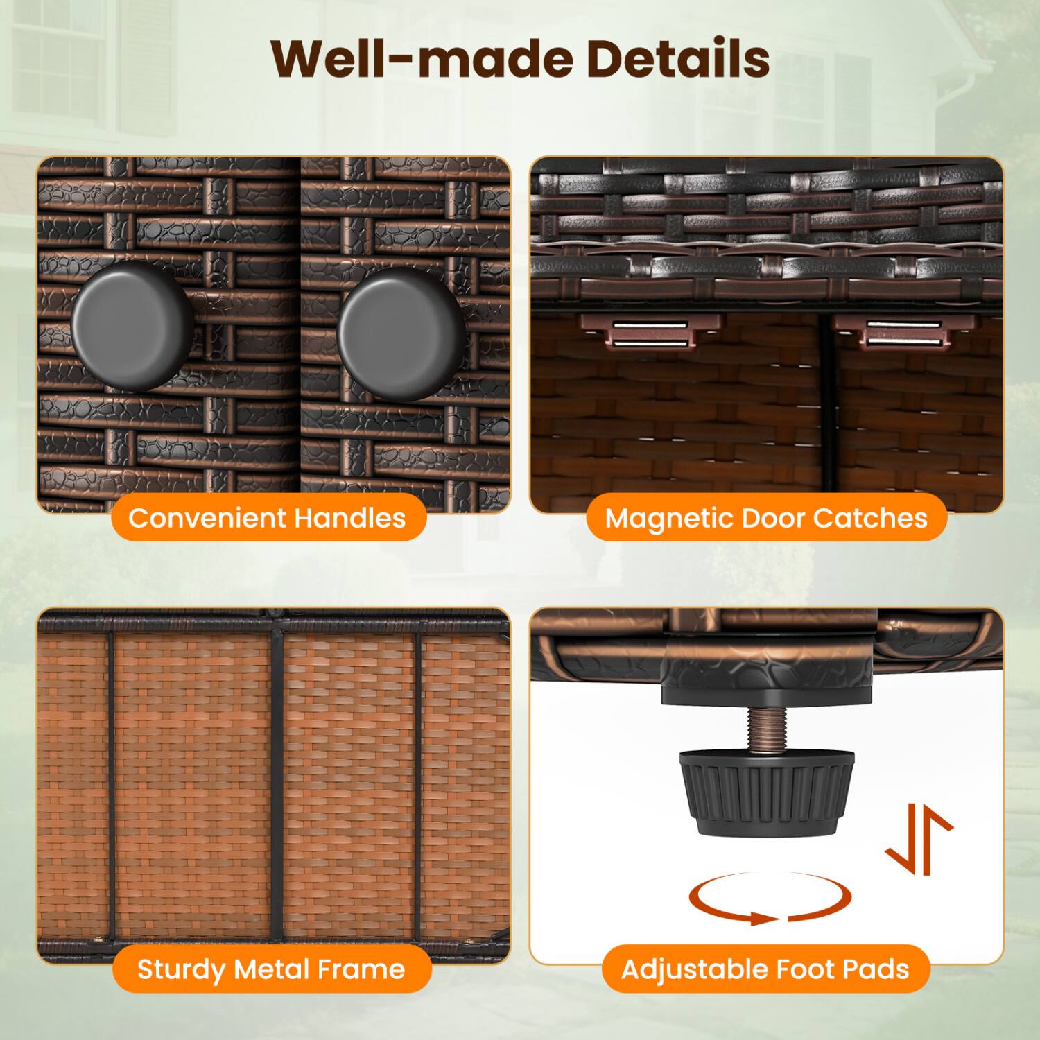Well-made Details

Convenient Handles
Magnetic Door Catches
Sturdy Metal Frame
Adjustable Foot Pads