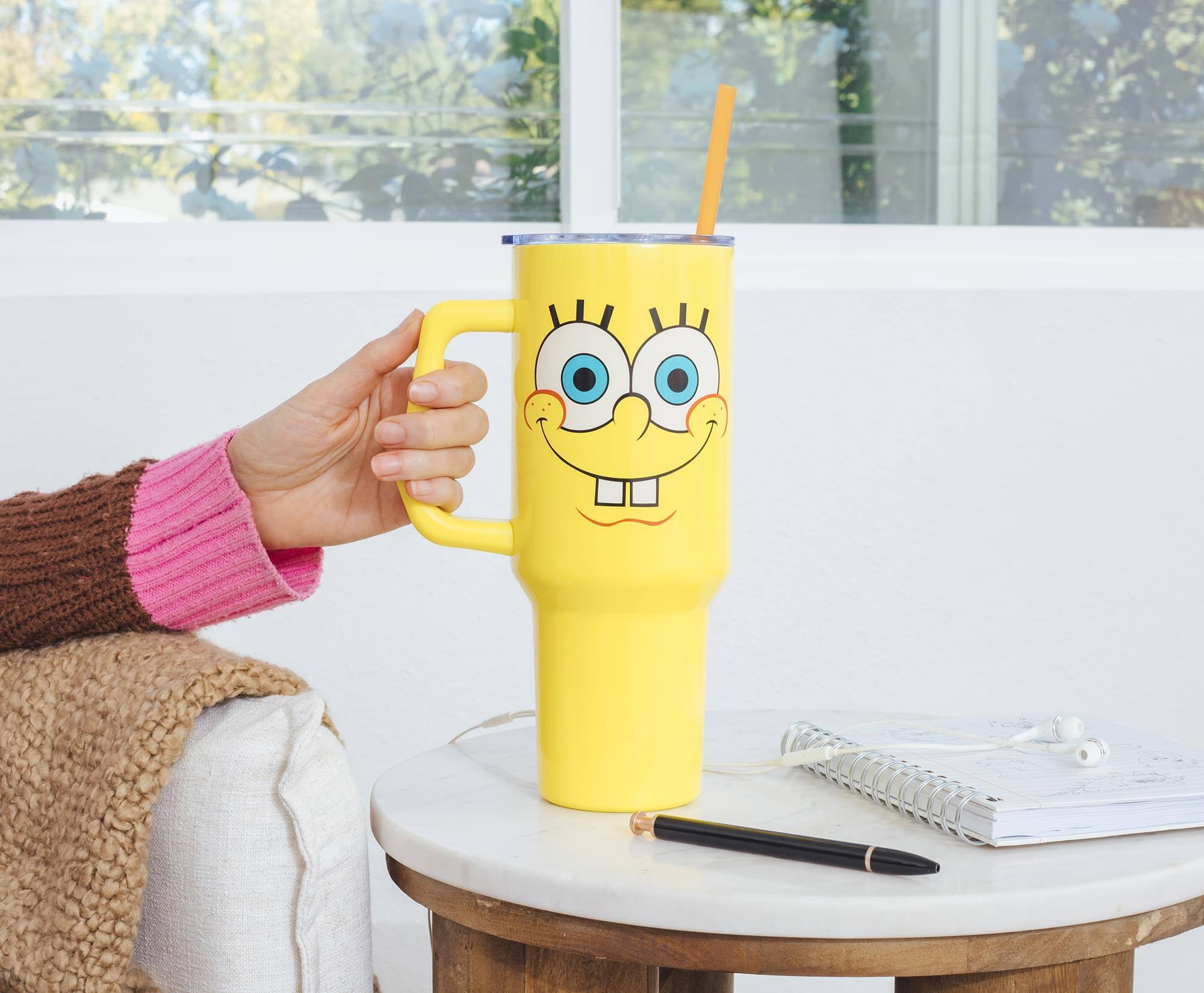 Alt View 4. Silver Buffalo - Nickelodeon SpongeBob SquarePants Face Stainless Steel Tumbler With Handle - Yellow.