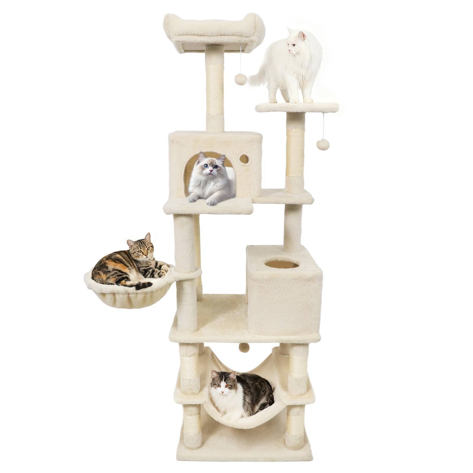 Alt View 9. Gymax - Gymax 66'' Tall Cat Tree w/2 Condos Sisal Scratching Posts Plush Perch Hammock Basket Beige.