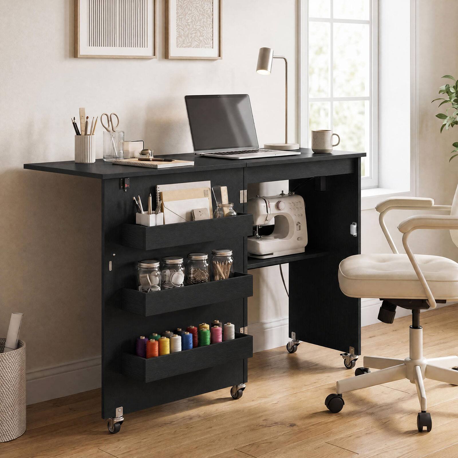 Alt View 4. Costway - Costway Folding Sewing Machine Table with Power Outlets, 3 Storage Bins & Open Shelf - Black.