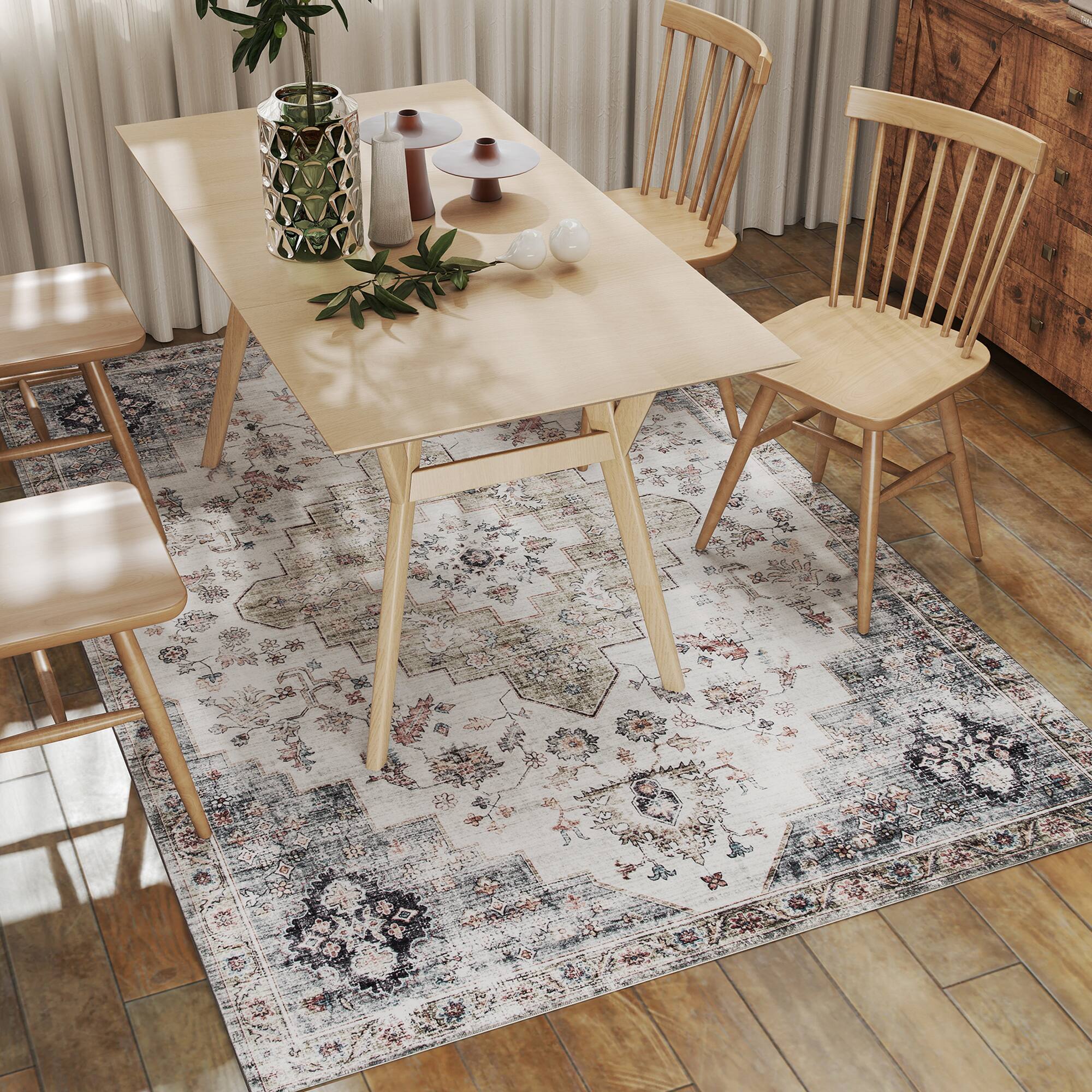 Alt View 7. Homcom - Washable Area Rug 5'x7', Vintage Indoor Distressed Carpet, Floral Print, Green - Brown and Green.