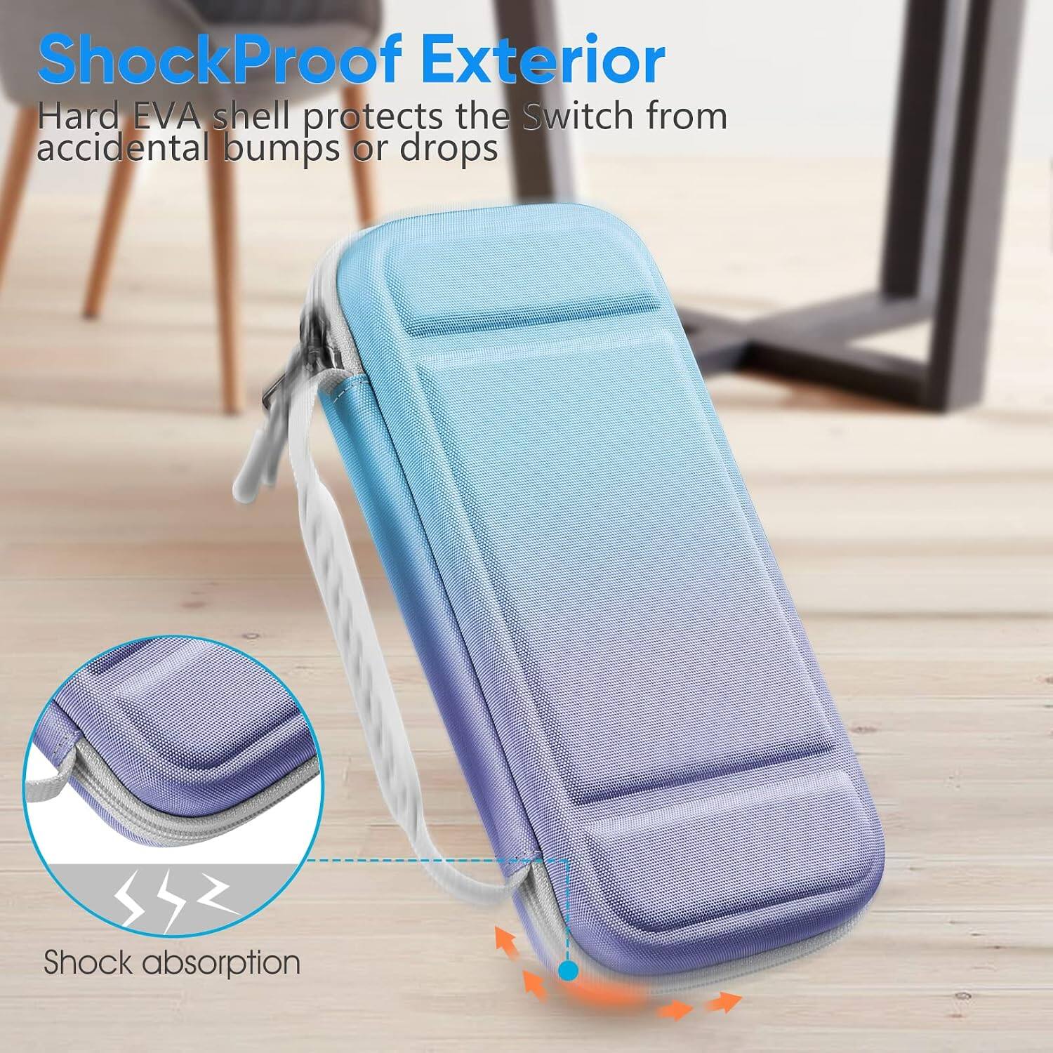 ShockProof Exterior Hard EVA shell protects the Switch from accidental bumps or drops  
Shock absorption