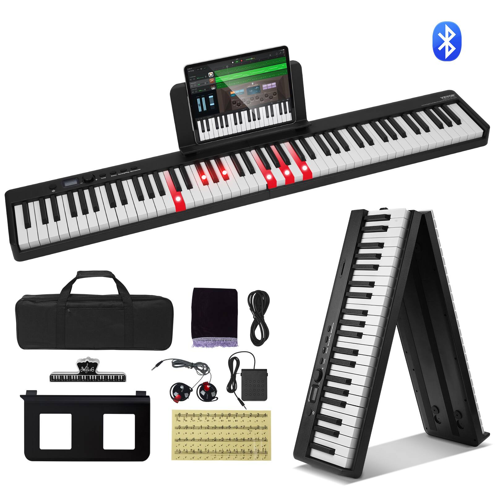 VEVOR - 88 Key Folding Keyboard Piano, Bluetooth & MIDI, Portable Electronic Digital Foldable Piano - Black