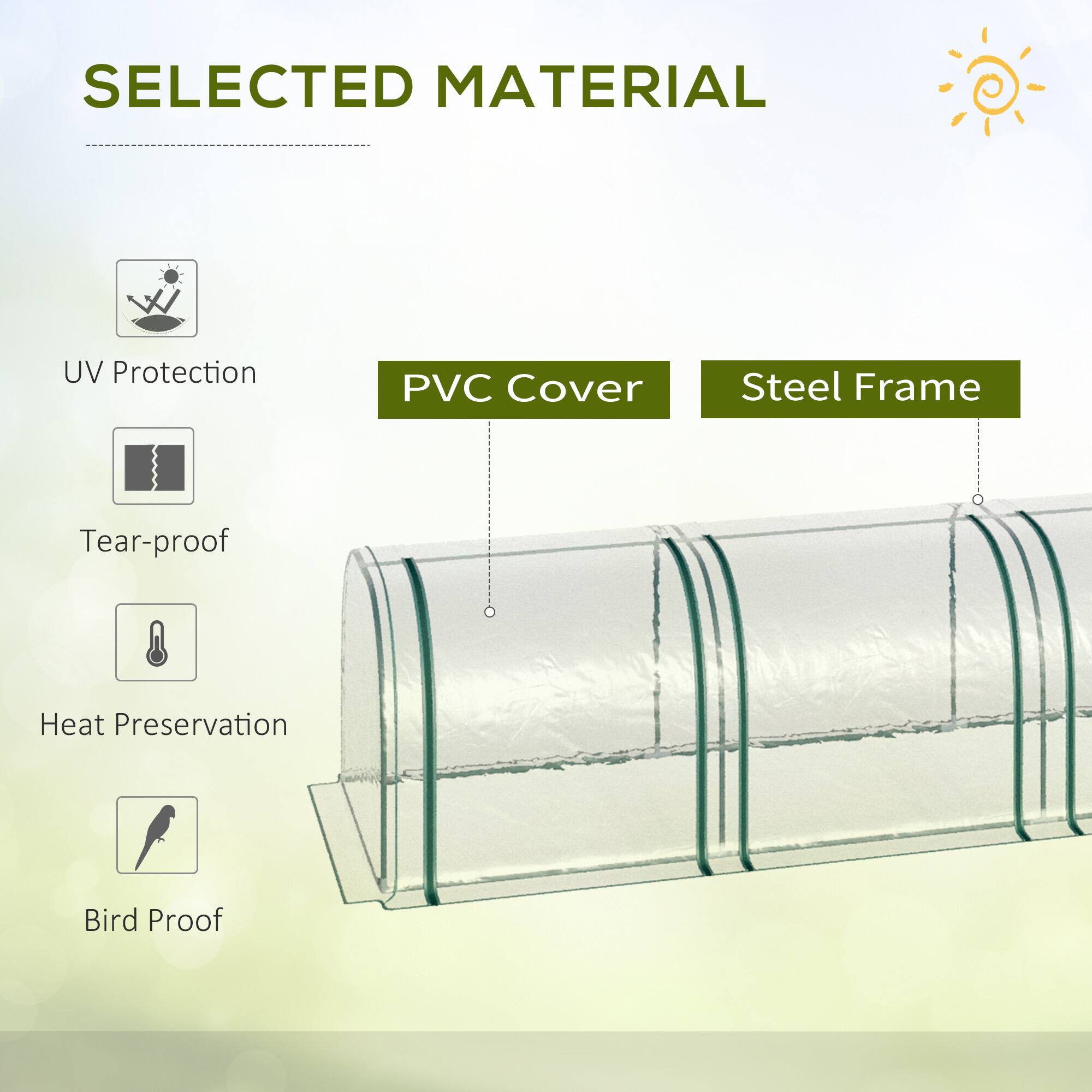 SELECTED MATERIAL

- UV Protection
- Tear-proof
- Heat Preservation
- Bird Proof

PVC Cover
Steel Frame