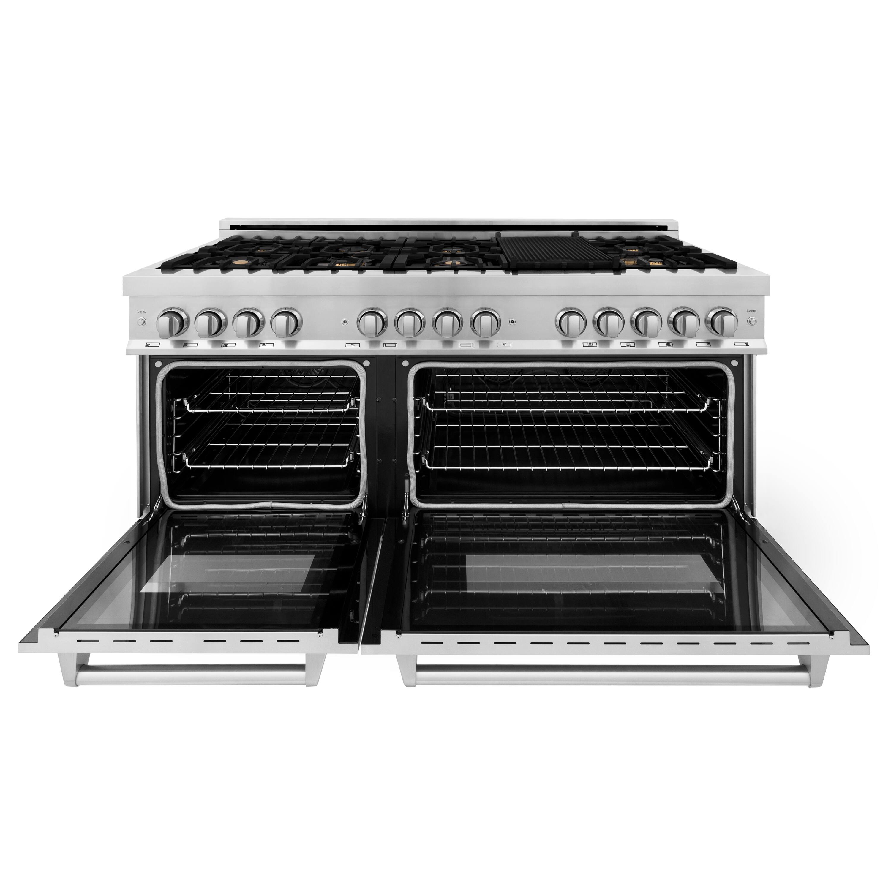 Left. ZLINE - 60" Legacy Dual Fuel Range w/ Gas Cooktop & 2 Electric Ovens w/ 8 Brass Burners (RA-BR-60) - Stainless steel look.