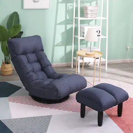 Front. Meqiodas - Swivel Lazy Floor Chair with Ottoman, Adjustable Reclining Floor Lounger with Head & Back Support, for Bedroom & Gaming - Navy.
