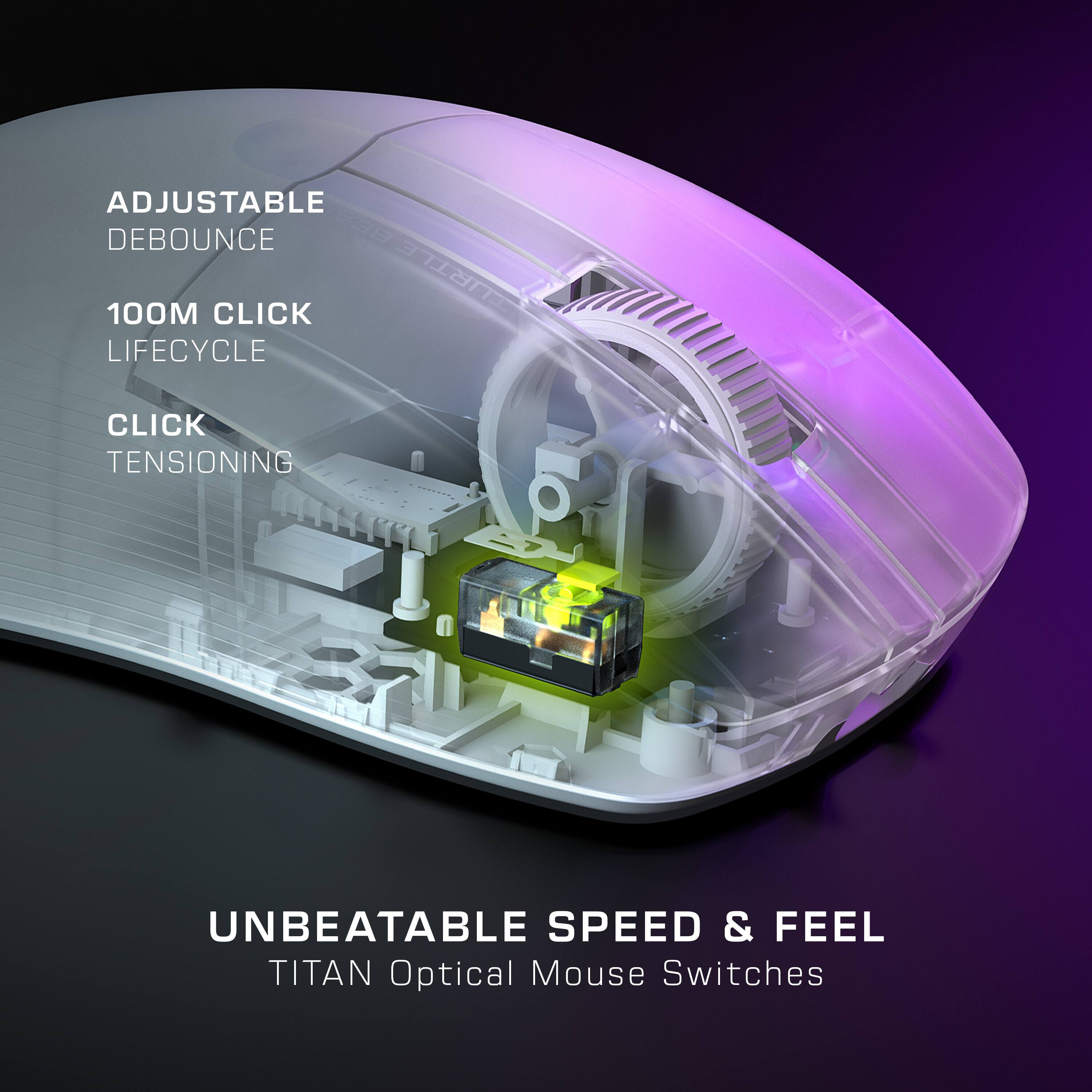 The text on the image reads: "Adjustable Debounce 100M Click Lifecyle Click Tensioning Unbeatable Speed & Feel Titan Optical Mouse Switches."