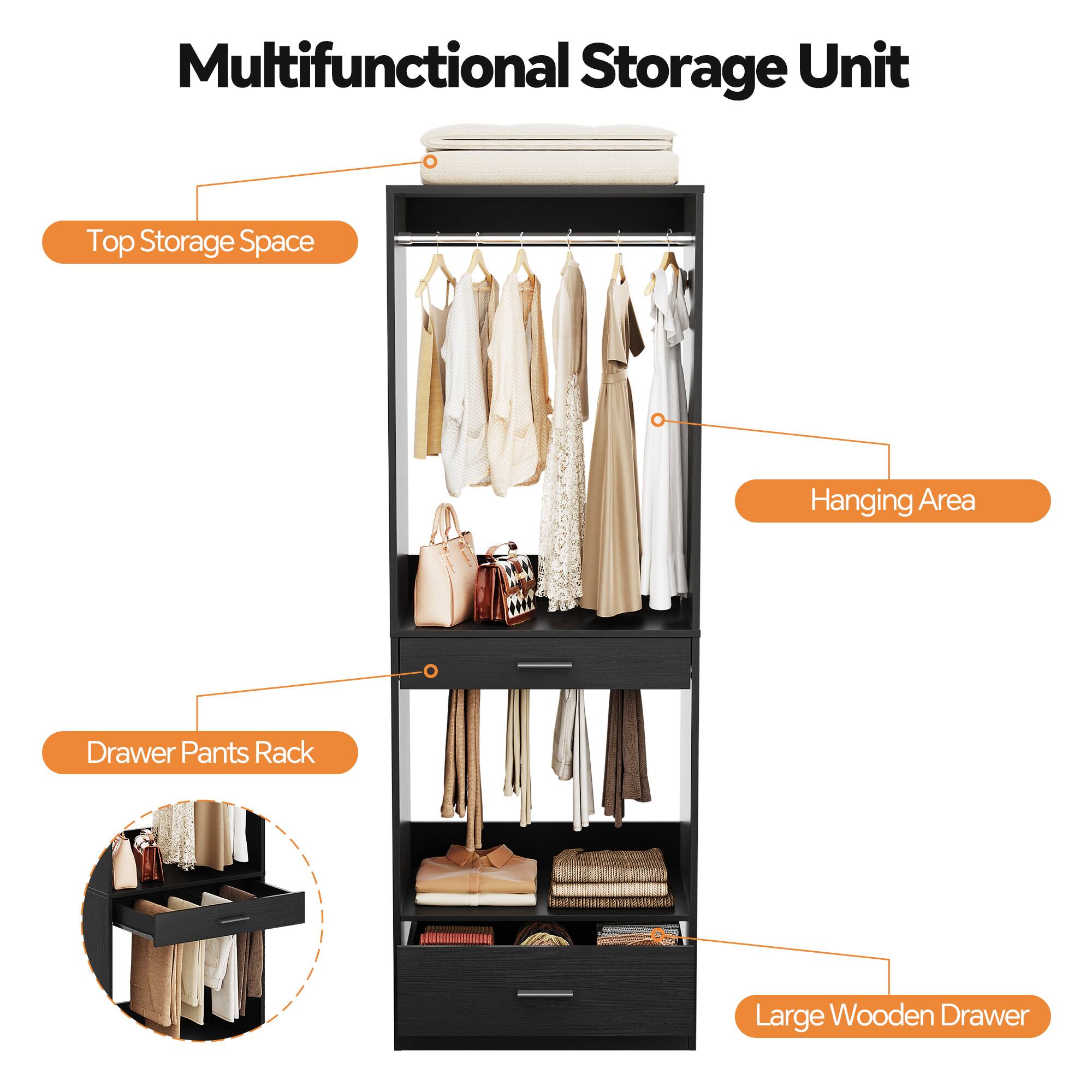 Multifunctional Storage Unit

- Top Storage Space
- Hanging Area
- Drawer Pants Rack
- Large Wooden Drawer