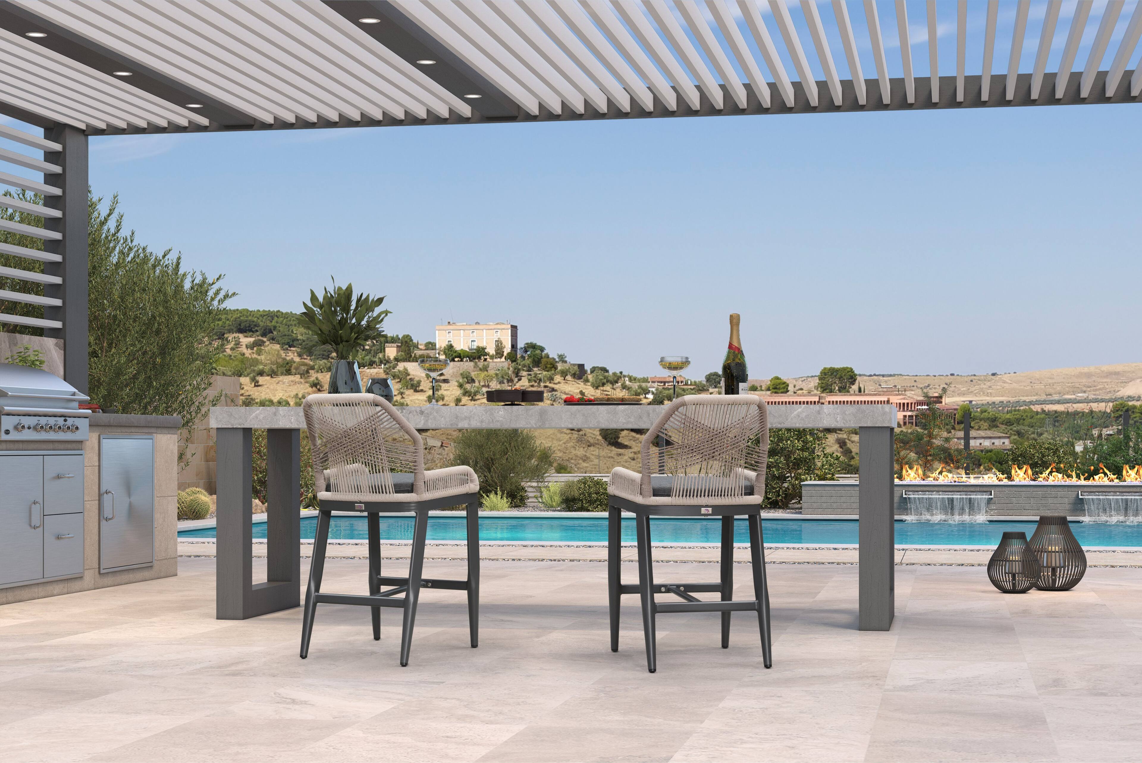 Alt View 2. PURPLE LEAF - Patio Outdoor Bar Stool Counter Height Set of 2 Rattan Chair with Back Modern Aluminum Woven Barstools for Garden Indoor - Grey-Counter Stool.