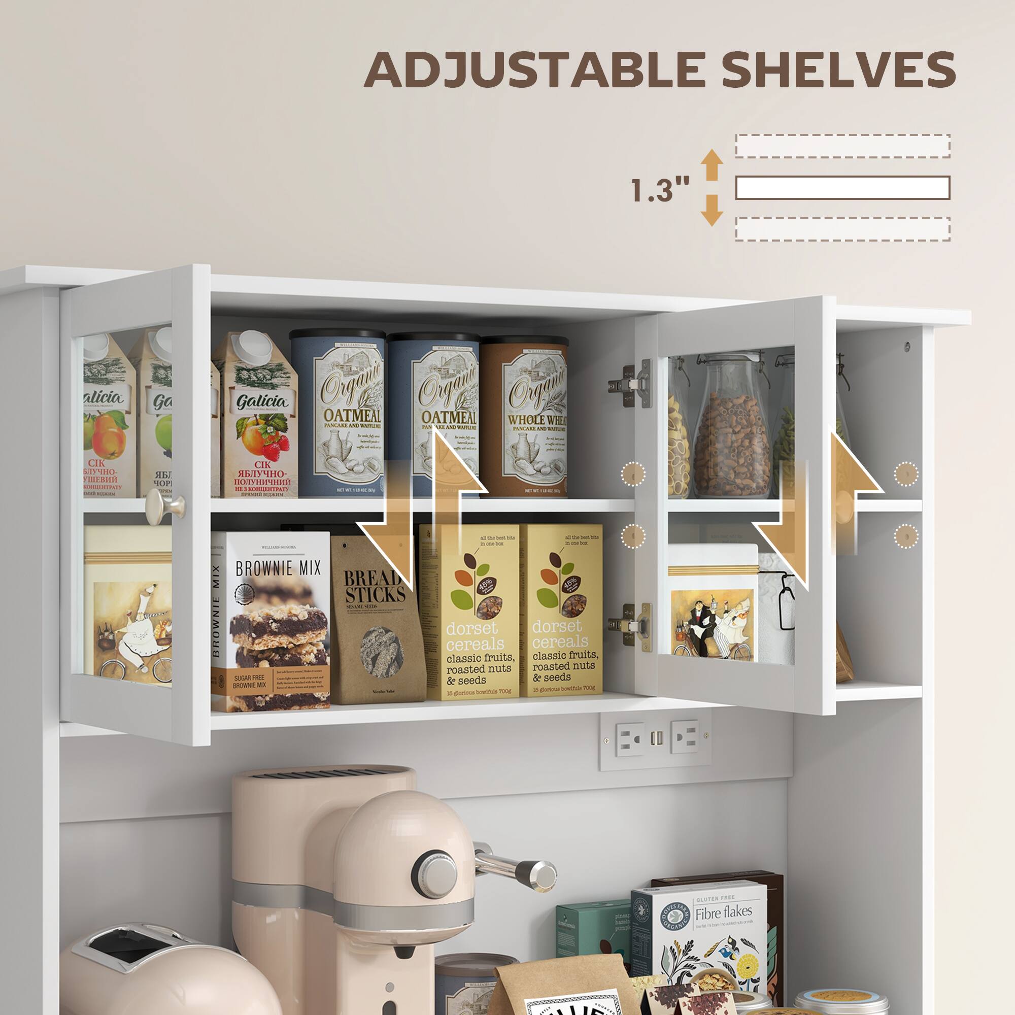 ADJUSTABLE SHELVES 1.3"

Gaticia
Gaticia
OATMEAL
Orgat
Organ
OATMEAL
WHOLE

BROWNIE MIX
MIX
BREAD STICKS

dorset
dorset cereals
classic fruits
classic fruits
roasted nuts & seeds
& seeds

Fibre flakes