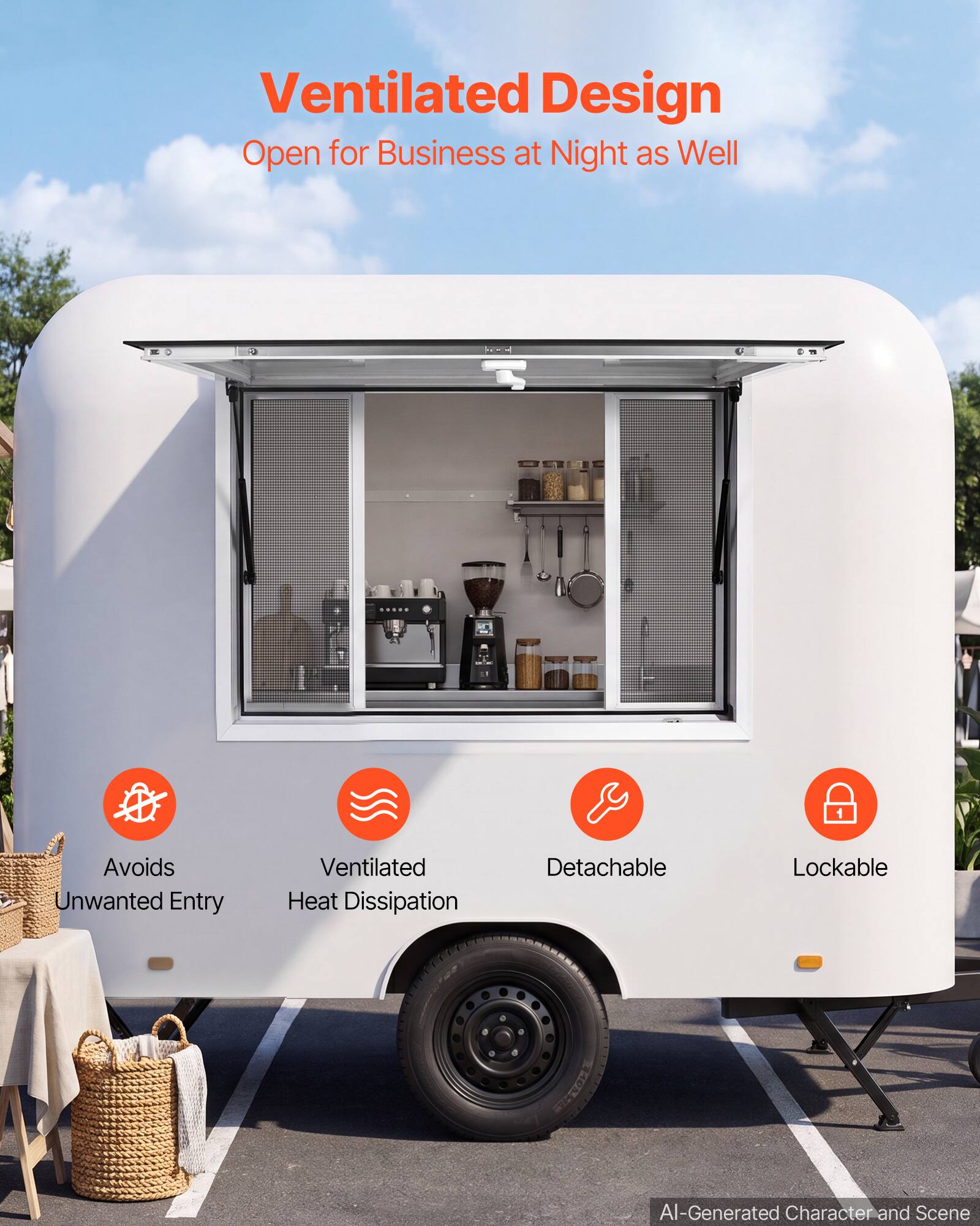 Ventilated Design  
Open for Business at Night as Well  
Avoids Unwanted Entry  
Ventilated Heat Dissipation  
Detachable  
Lockable  

AI-Generated Character and Scene