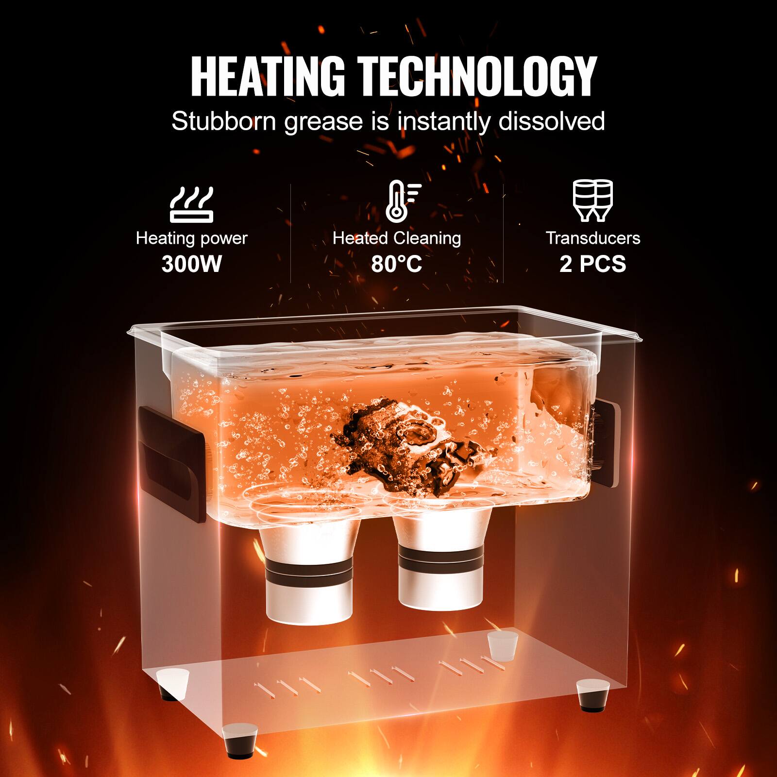 HEATING TECHNOLOGY
Stubborn grease is instantly dissolved
Heating power 300W
Heated Cleaning 80°C
Transducers 2 PCS