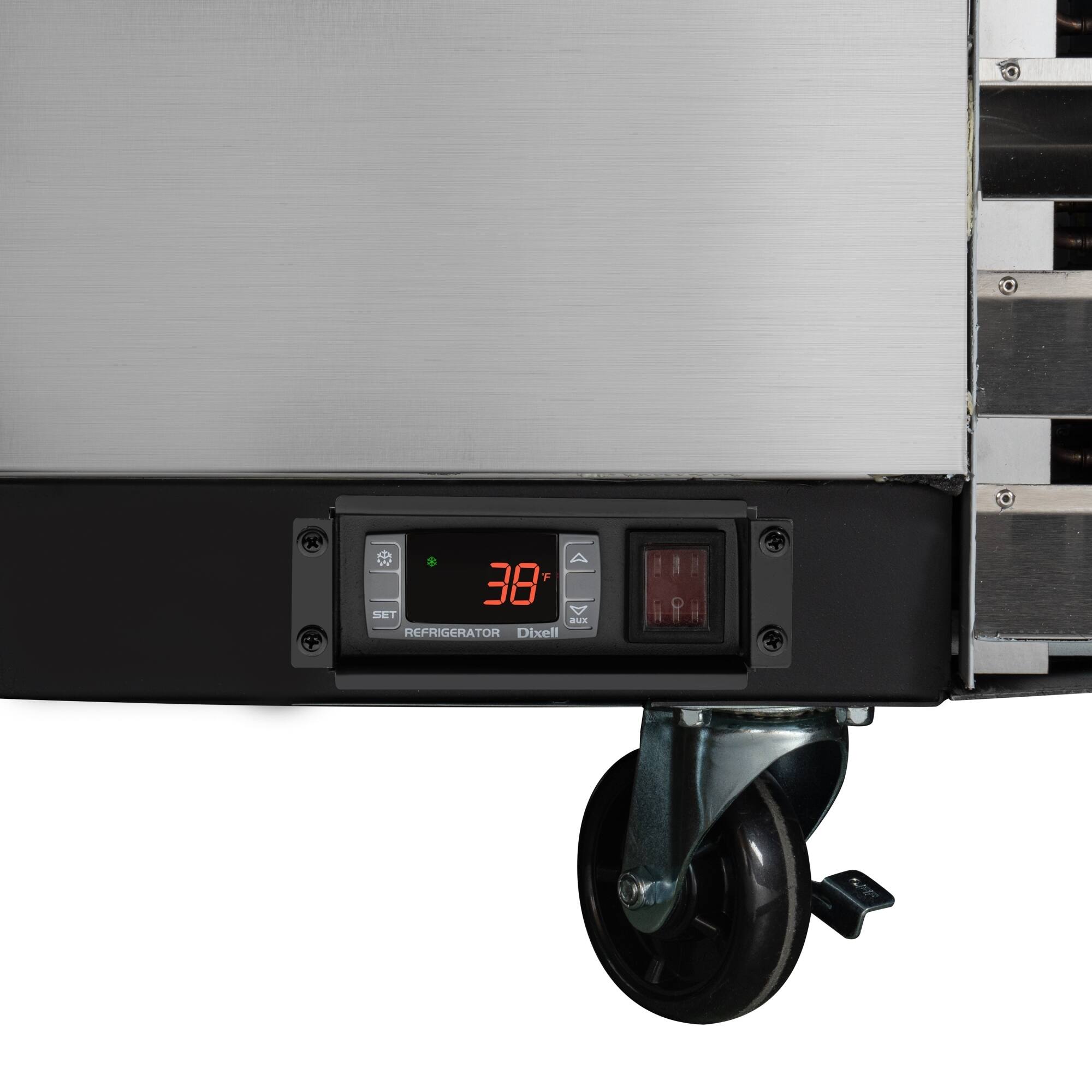 The text on the image reads "38 SET RUS REFRIGERATOR Dixell." It is likely that this is a temperature setting for a refrigerator, with the number 38 indicating the desired temperature. The word "Dixell" could be a brand name or a reference to the manufacturer of the appliance.