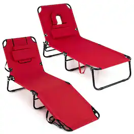 Gymax - 2PCS Folding Beach Sun Lounger w/Face Hole & Removable Pillow 4Position Backrest - Red