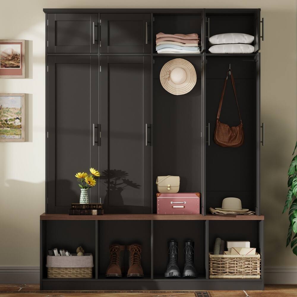 Angle. Loheer - Loheer Farmhouse Hall Tree with Seating Bench, Black Entryway Shoe Cabinet, 75 Inch Tall - Black.