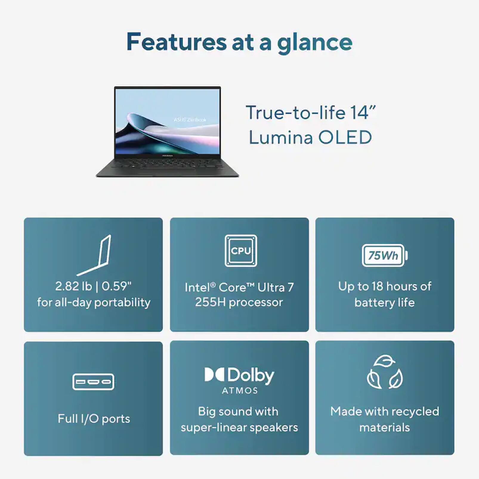 Features at a glance

- True-to-life 14" Lumina OLED
- 2.82 lb | 0.59" for all-day portability
- Intel Core Ultra 7 255H processor
- Up to 18 hours of battery life
- Full I/O ports
- Big sound with super-linear speakers
- Made with recycled materials
