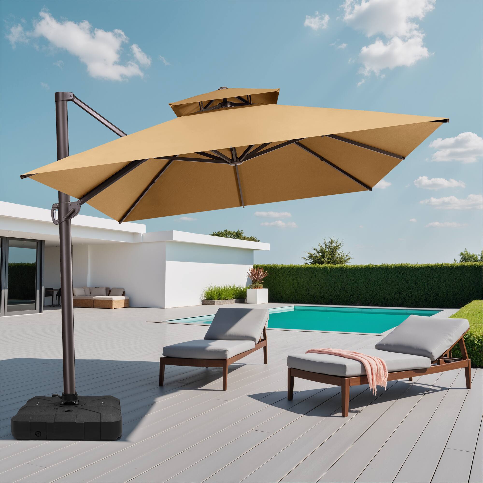 Back. Crestlive Products - Crestlive Products 10x13ft Aluminum Crank Cantilever Patio Umbrella with Lights with Base - Brown.
