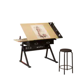Bestier - Adjustable Drafting Table Art Desk with Tilting Tabletop, Storage Drawers & Stool, Drawing Desk for Crafting, Writing - Maple