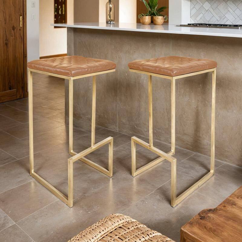 Angle. LeisureMod - Quincy Modern Quilted Leather Bar Stool with Gold Metal Frame Counter Height Chair Set of 2 - Peacock Blue.