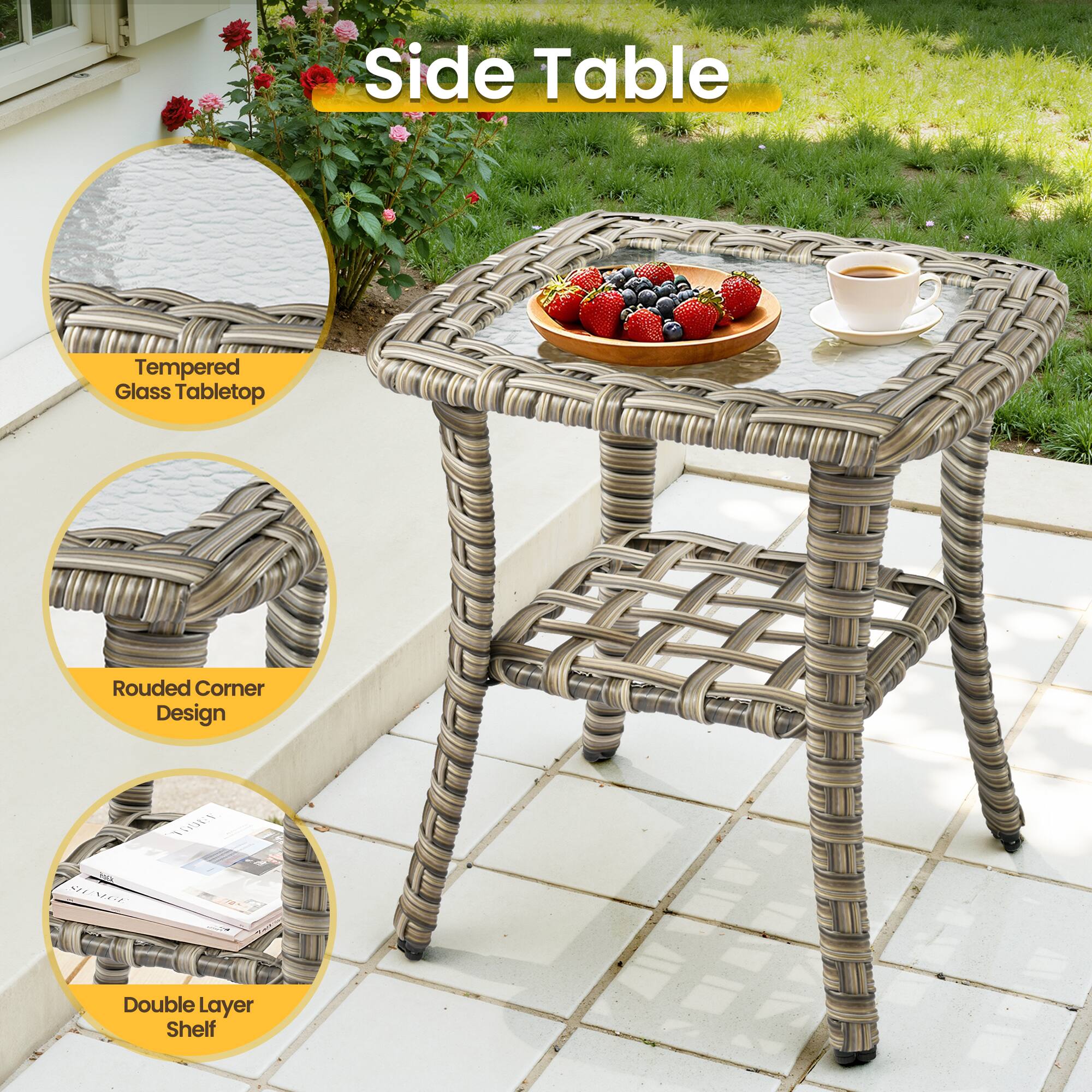Side Table Tempered Glass Tabletop Rounded Corner Design Double Layer Shelf