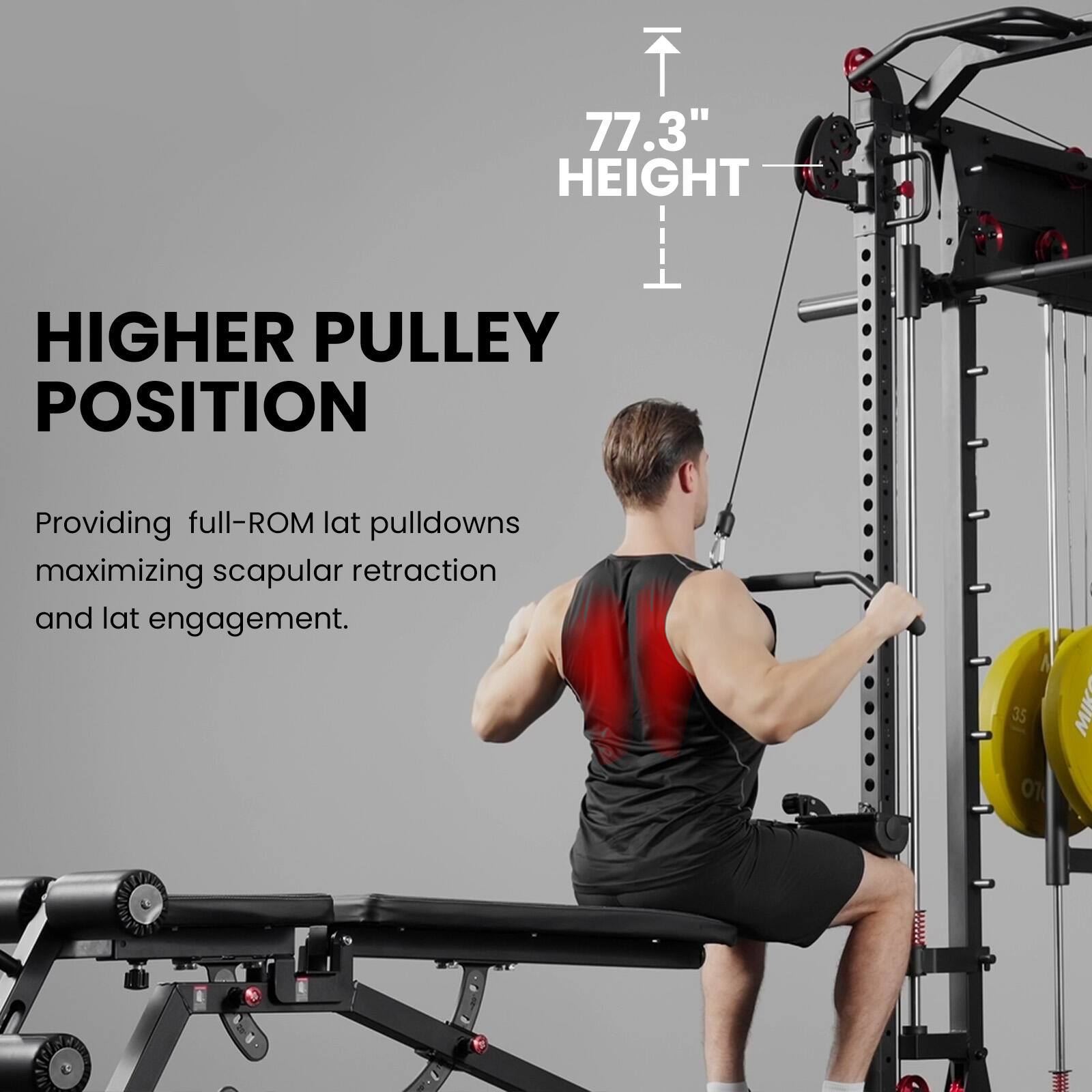 77.3" HEIGHT  
HIGHER PULLEY POSITION  
Providing full-ROM lat pulldowns maximizing scapular retraction and lat engagement.
