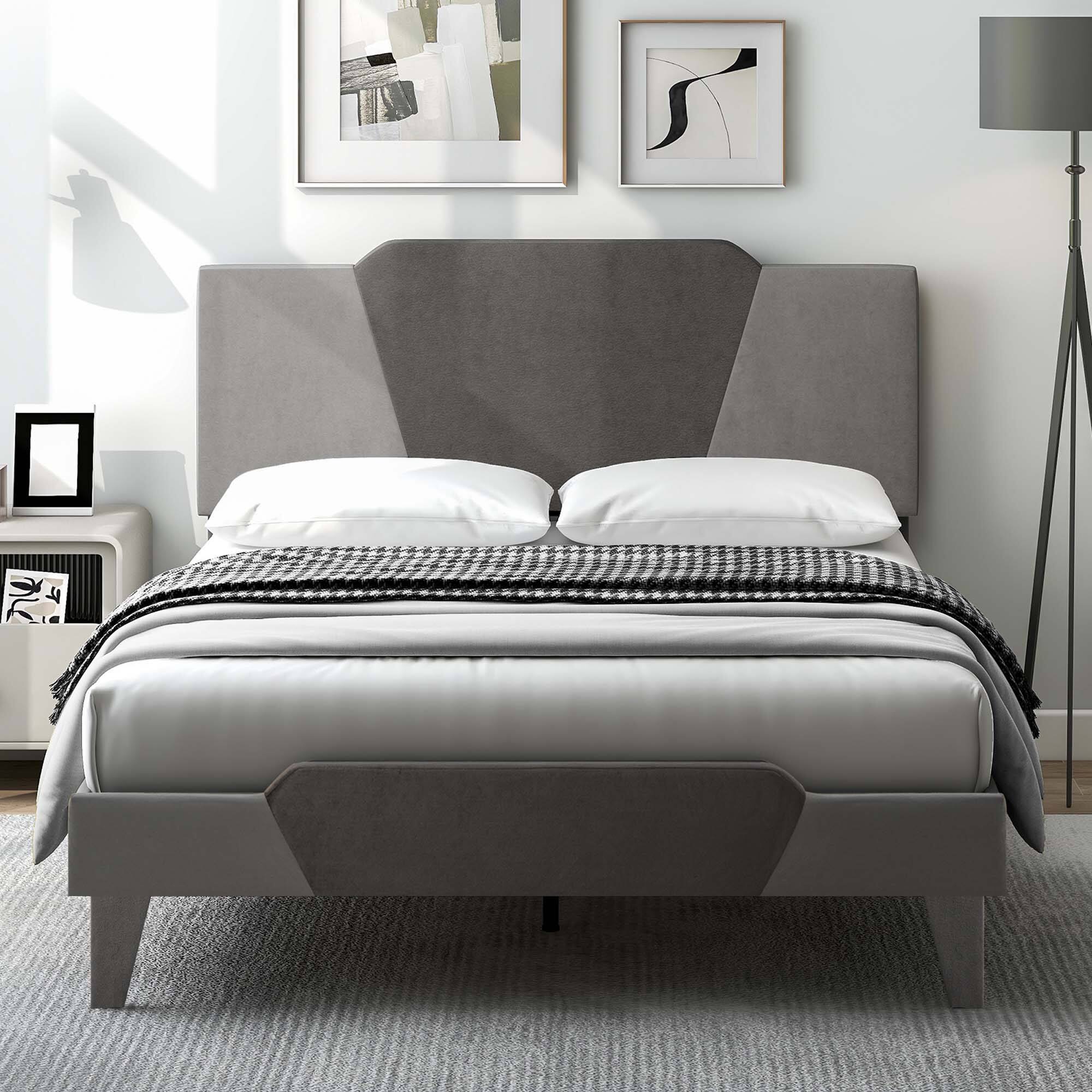 Alt View 2. Costway - Costway Full Size Upholstered Platform Bed Frame Velvet Headboard Mattress Foundation - Gray.