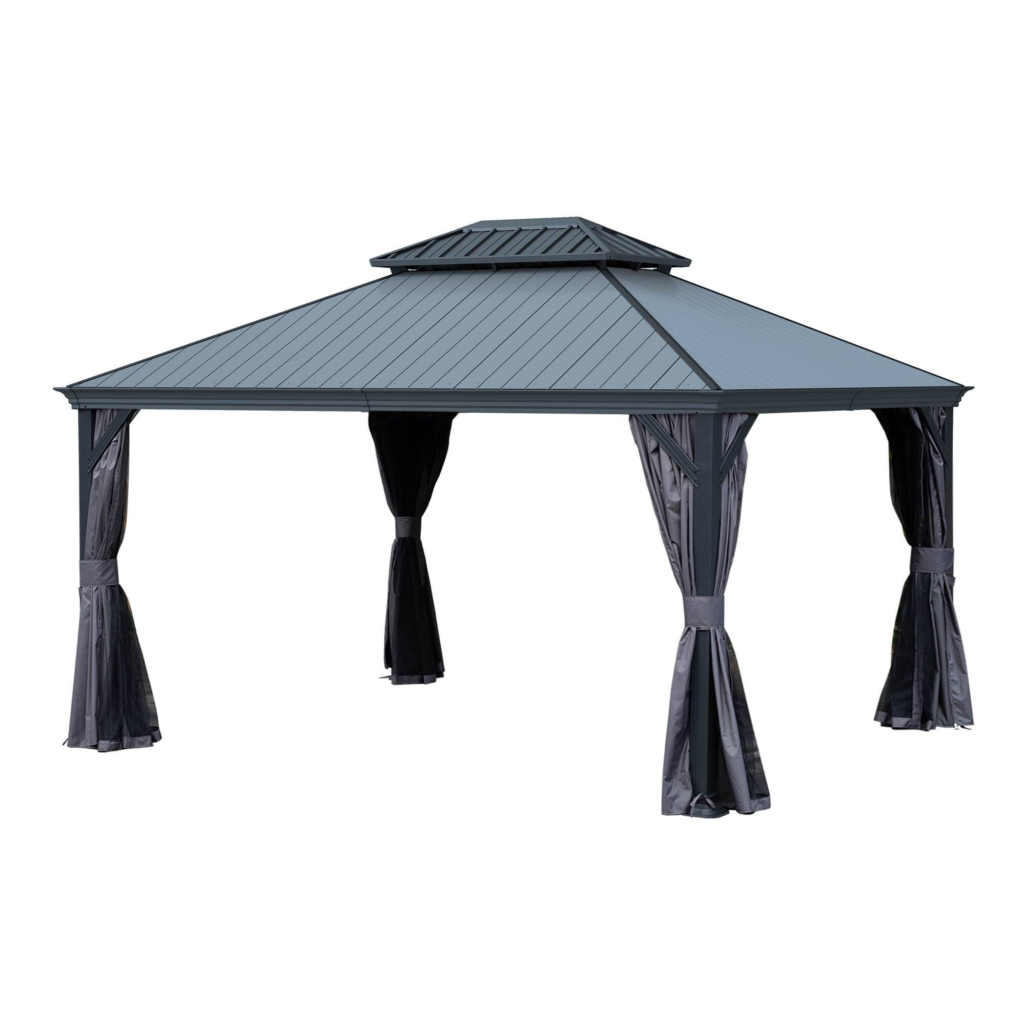Left. Mondawe - 12x14 Metal Gazebo With Resin Roof ,Curtains and Mosquito Netting Included - Dark Gray.