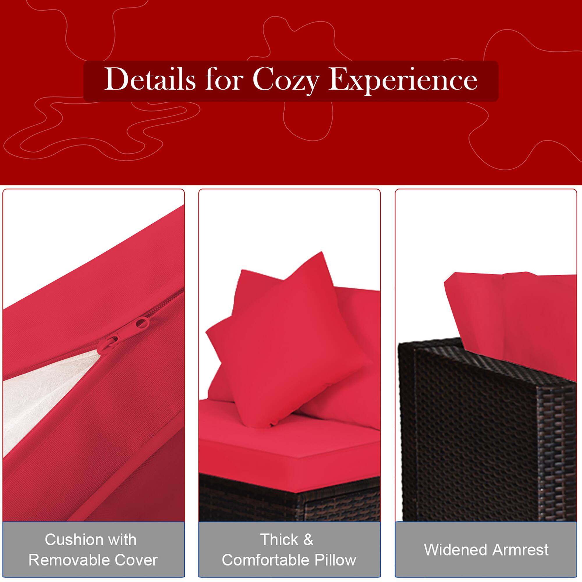 Details for Cozy Experience:

* Cushion with Removable Cover: This feature allows for easy cleaning and maintenance of the cushion.
* Thick & Comfortable Pillow: The pillow is designed to provide extra comfort and support for the user.
* Widened Armrest: This design element provides additional support and comfort for the user while sitting on the chair.
