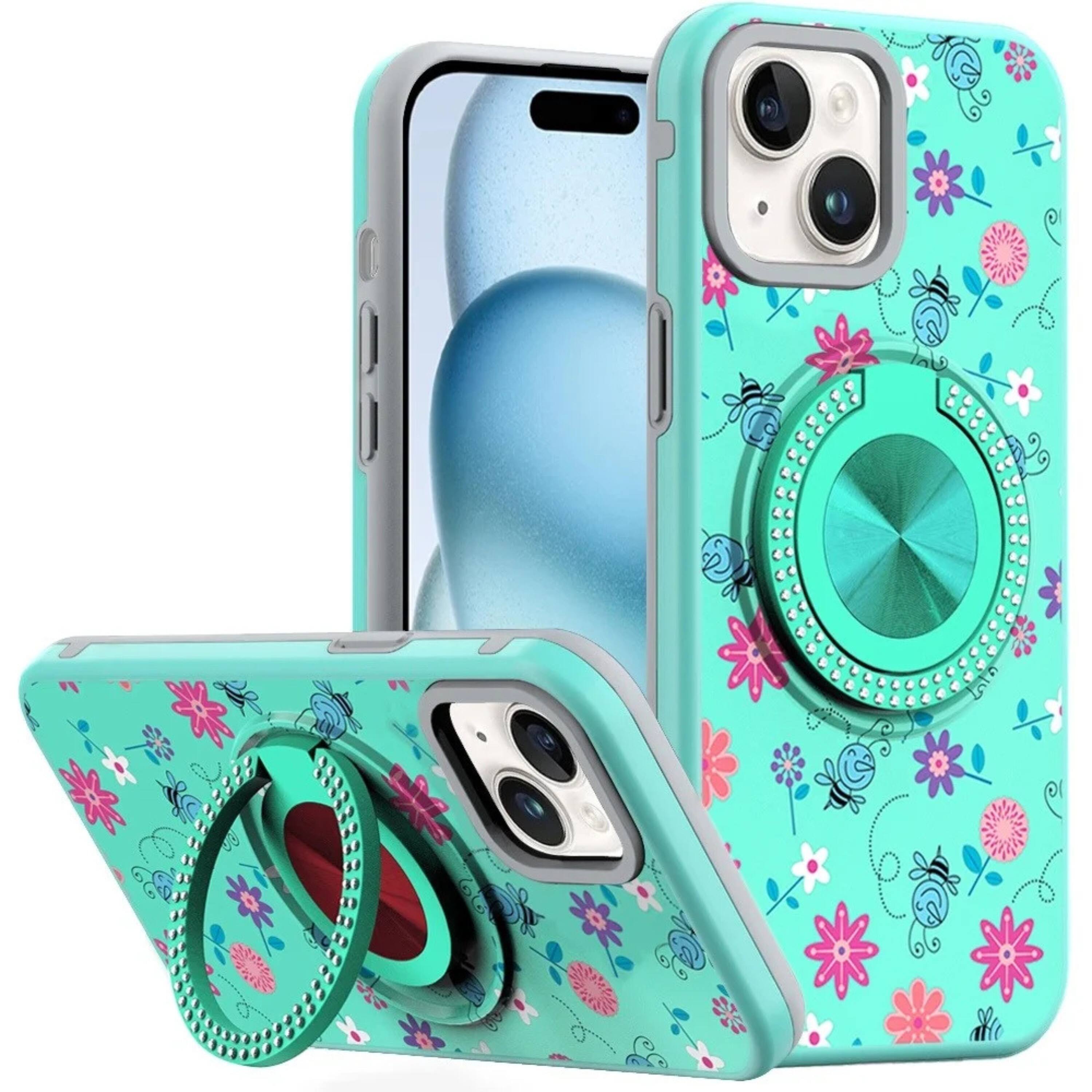 Front. Kitcheniva - Printed Bling 360 Rotating Ring Stand Phone Case With 2 Tempered Glass For iPhone 15 Sky Blue FLoral - Sky Blue.